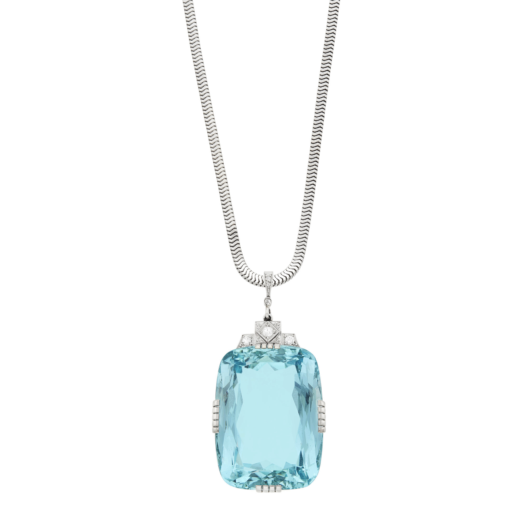 Lot image - White Gold, Aquamarine and Diamond Pendant with White Gold Snake Chain Necklace