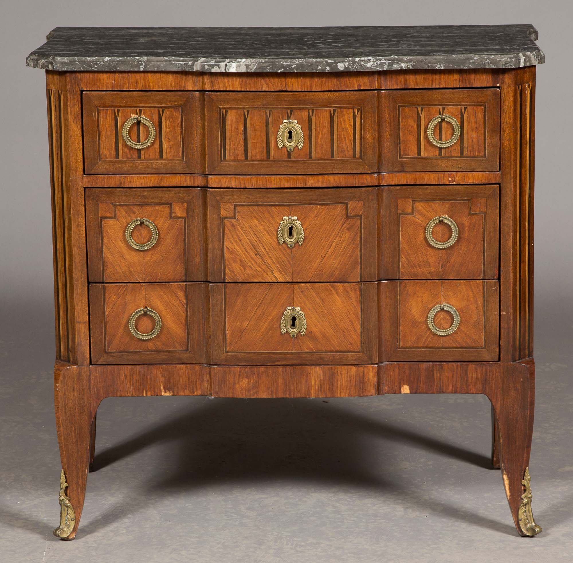 Lot image - Louis XV/Louis XVI Transitional Style Walnut Parquetry Marble Top Small Commode