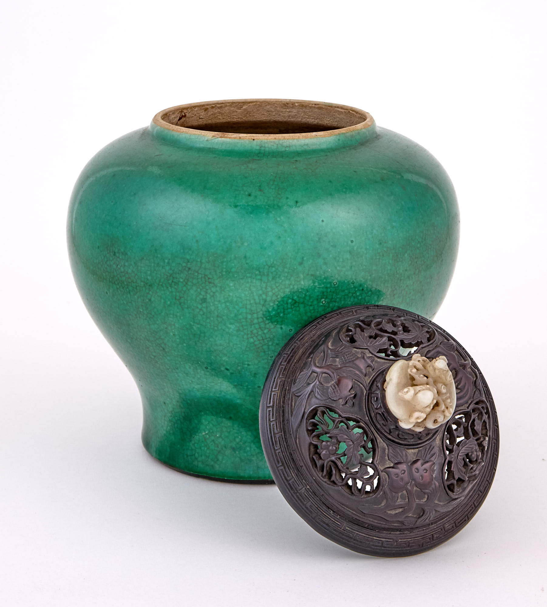 Lot image - Chinese Green Glazed Porcelain Jar with Hardwood Cover and Jade Finial