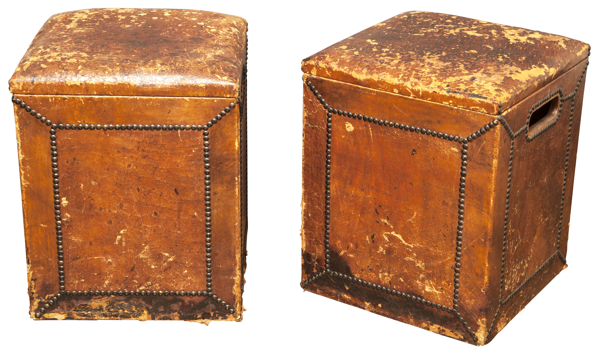 Lot image - Pair of Leather-Covered and Nailhead Stools with Interior Storage