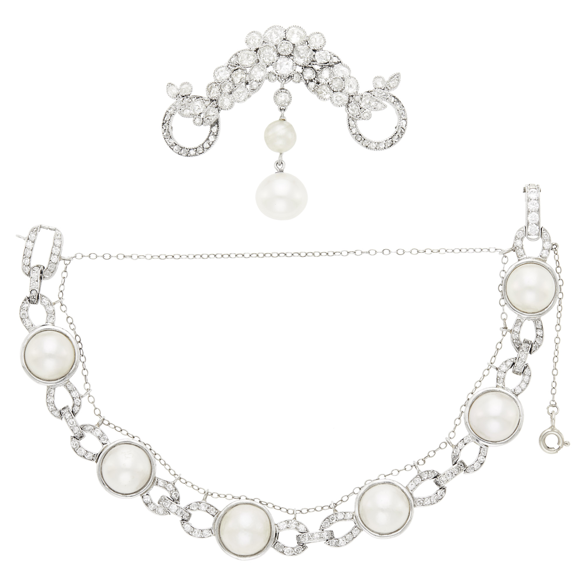 Lot image - Platinum, Diamond, Pearl and Freshwater Pearl Brooch and Mabé Pearl and Diamond Bracelet