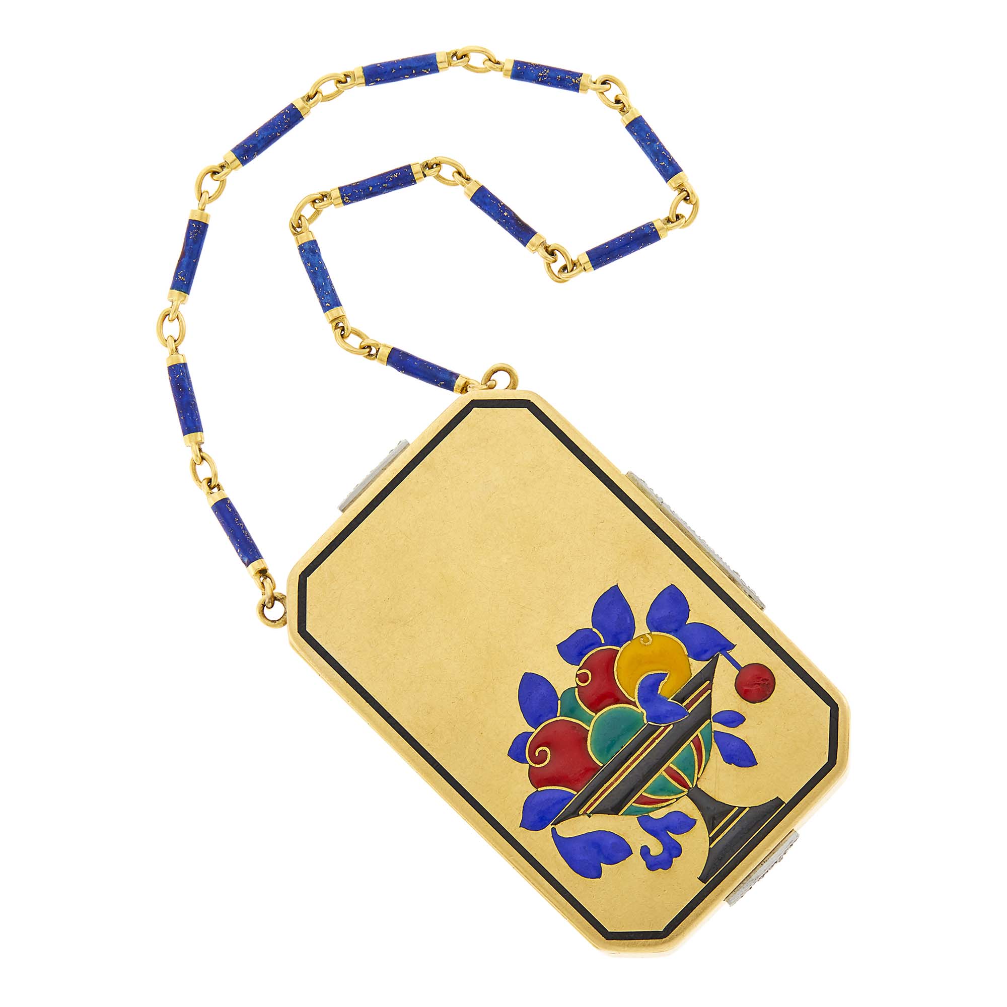 Lot image - Art Deco Gold, Platinum and Enamel Giardinetto Vanity with Gold and Lapis Carrying Chain, France
