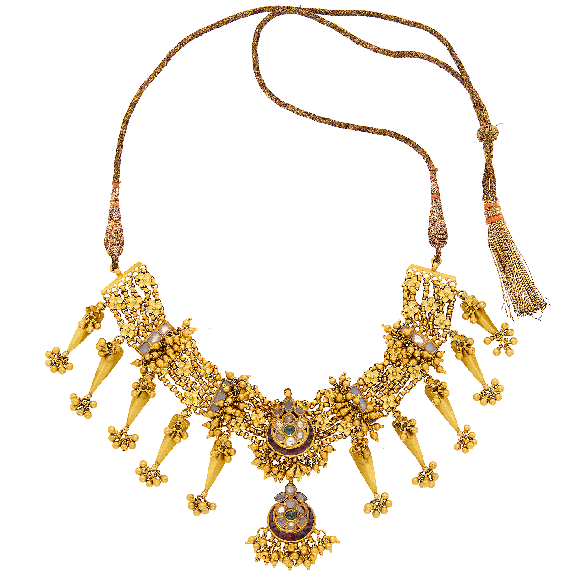 Lot image - Indian Gold and Foil-Backed Gem-Set Necklace with Cord