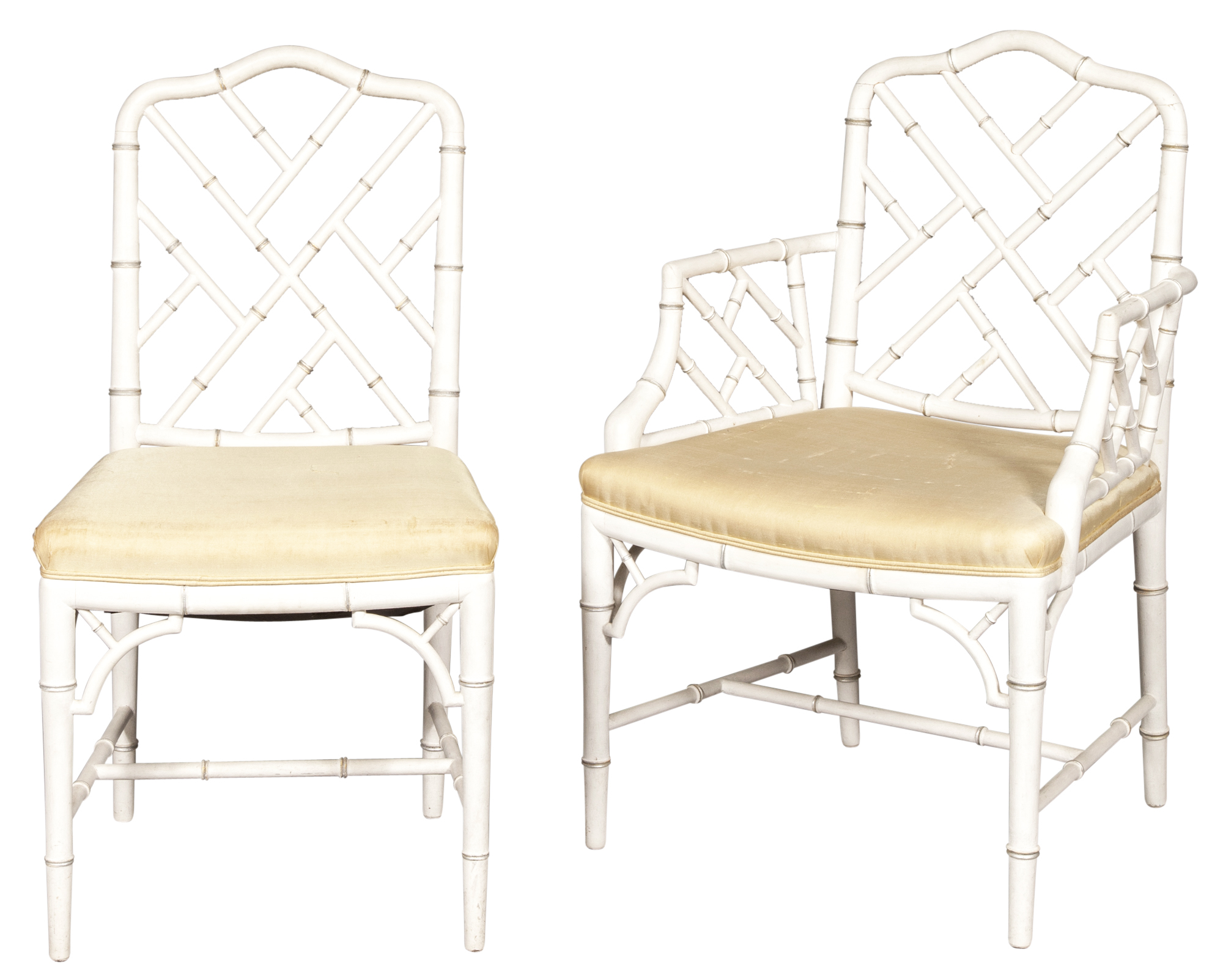 Lot image - Set of Fourteen Chinese Chippendale Style Silk-Upholstered White-Painted Faux Bamboo Dining Chairs