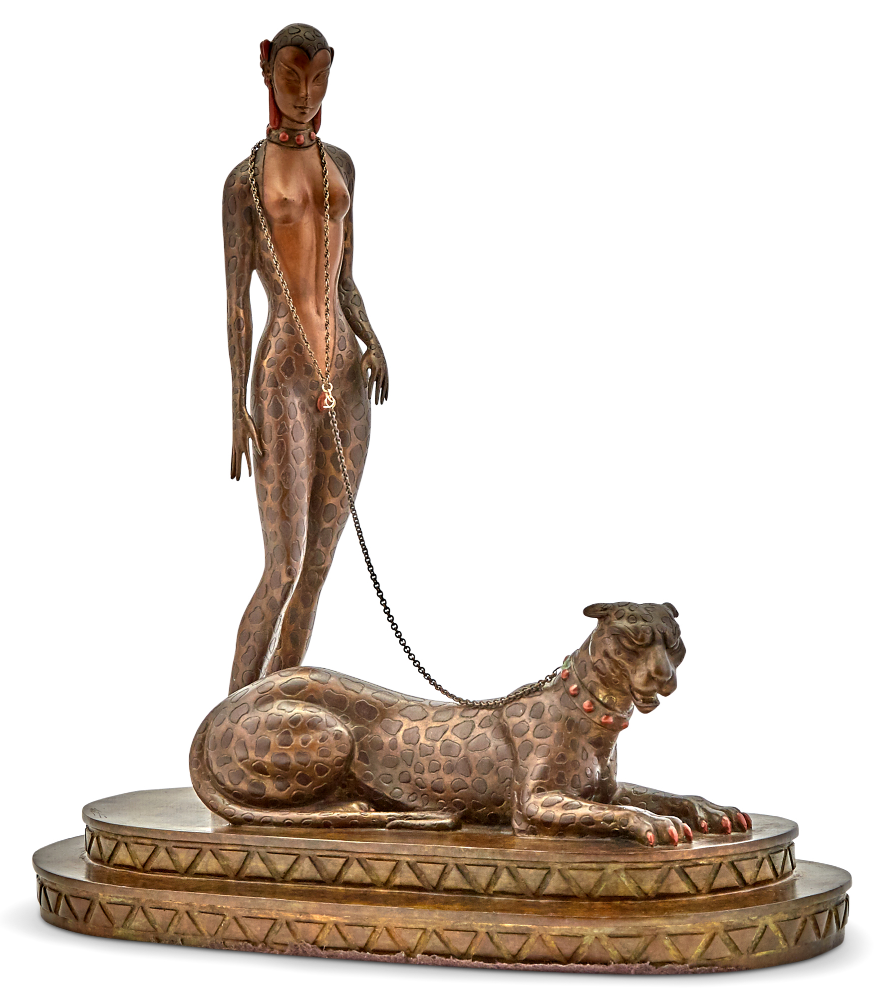 Lot image - Art Deco Style Cold-Painted Bronze Figure Titled Femme a la Panthere