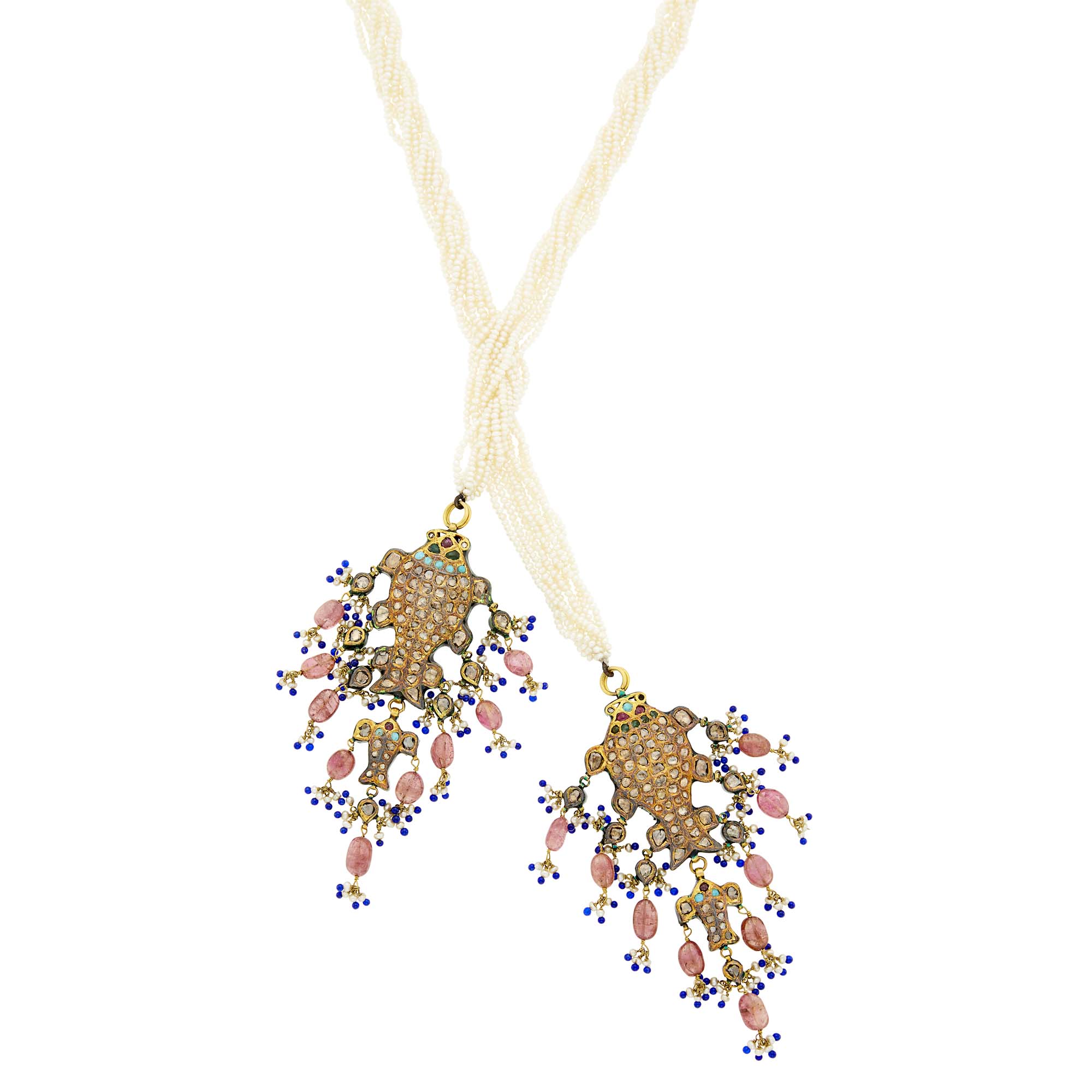 Lot image - Indian Eight Strand Seed Pearl, Gold, Silver, Green Enamel, Foil-Backed Diamond, Gem-Set and Paste Fringe Lariat Necklace