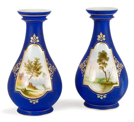 Lot image - Pair of French Gilt Decorated and Painted Porcelain Vases