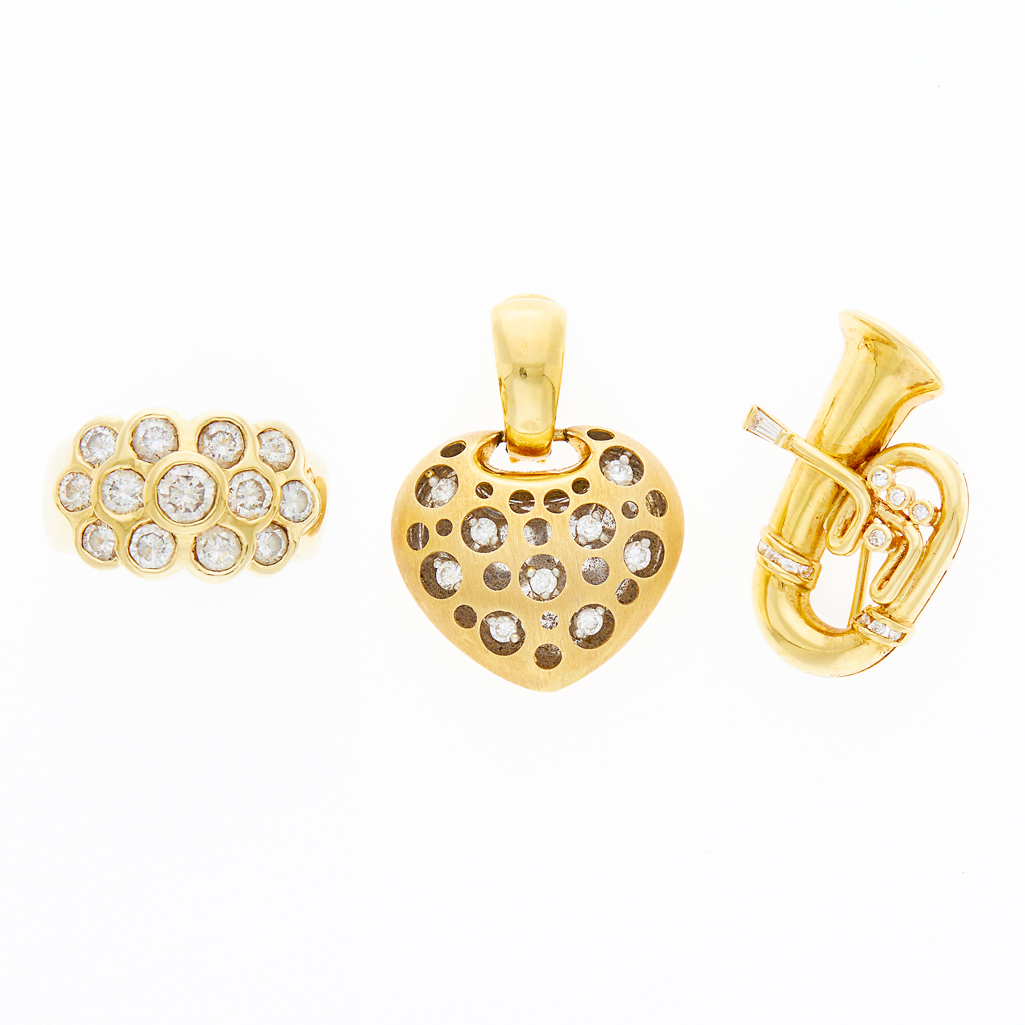 Lot image - Gold and Diamond Ring, Heart Pendant and Tuba Pin