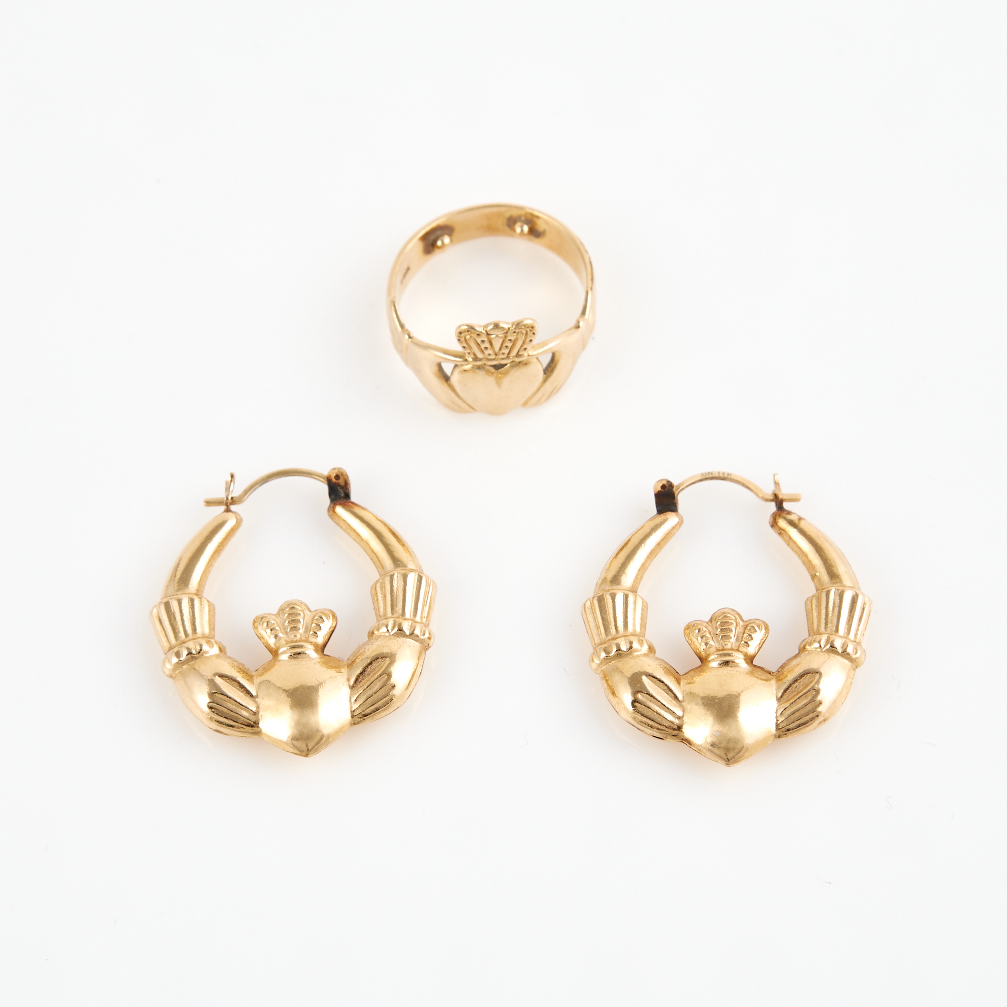 Lot image - Two Gold Earrings and Ring, 14K 6 dwt.