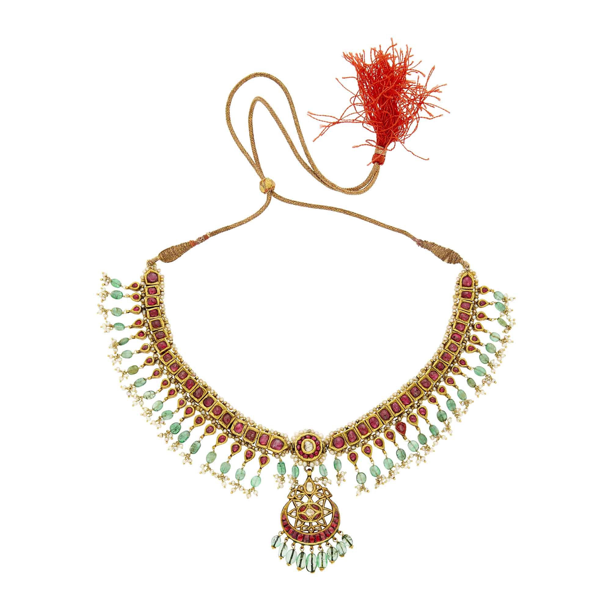 Lot image - Indian Gold, Jaipur Enamel, Foil-Backed Ruby and Diamond, Emerald Bead and Seed Pearl Necklace with Cord