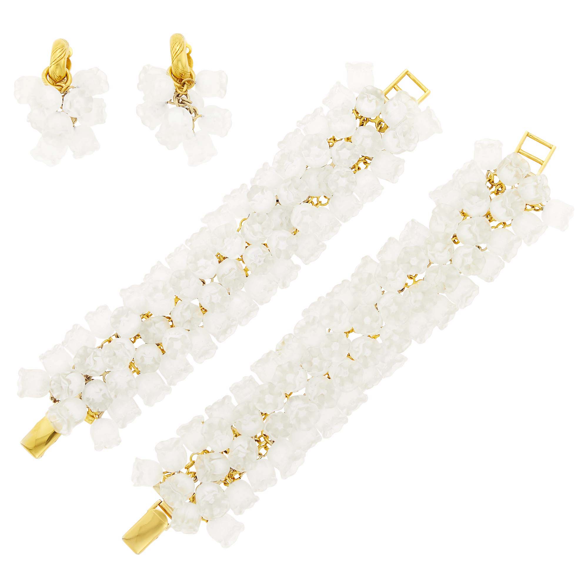Lot image - Lalique Pair of Gilt-Metal and Frosted Rock Crystal Flower Muguet Bracelet and Pair of Earrings