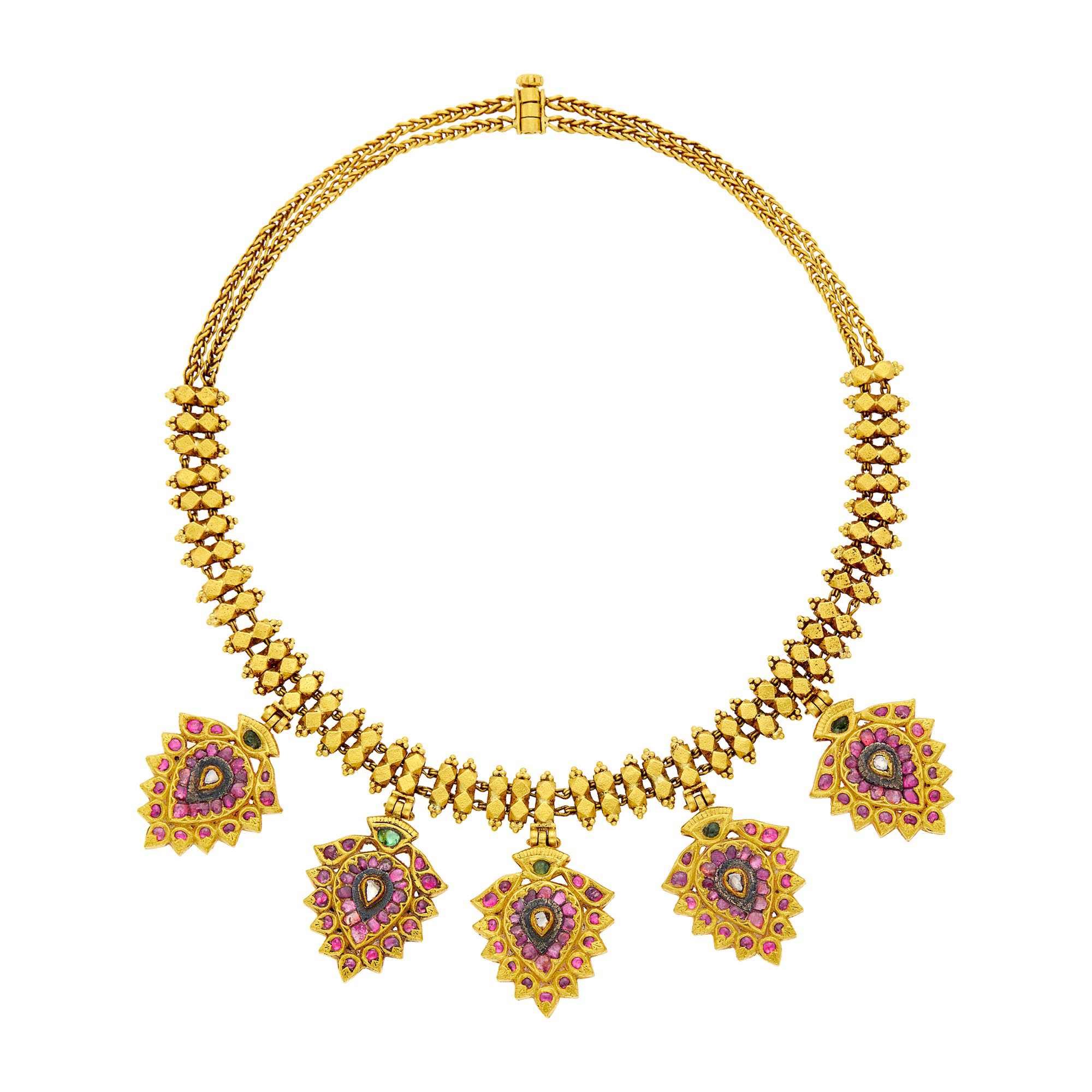 Lot image - Double Strand Indian Gold, Foil-Backed Ruby, Emerald and Diamond Necklace