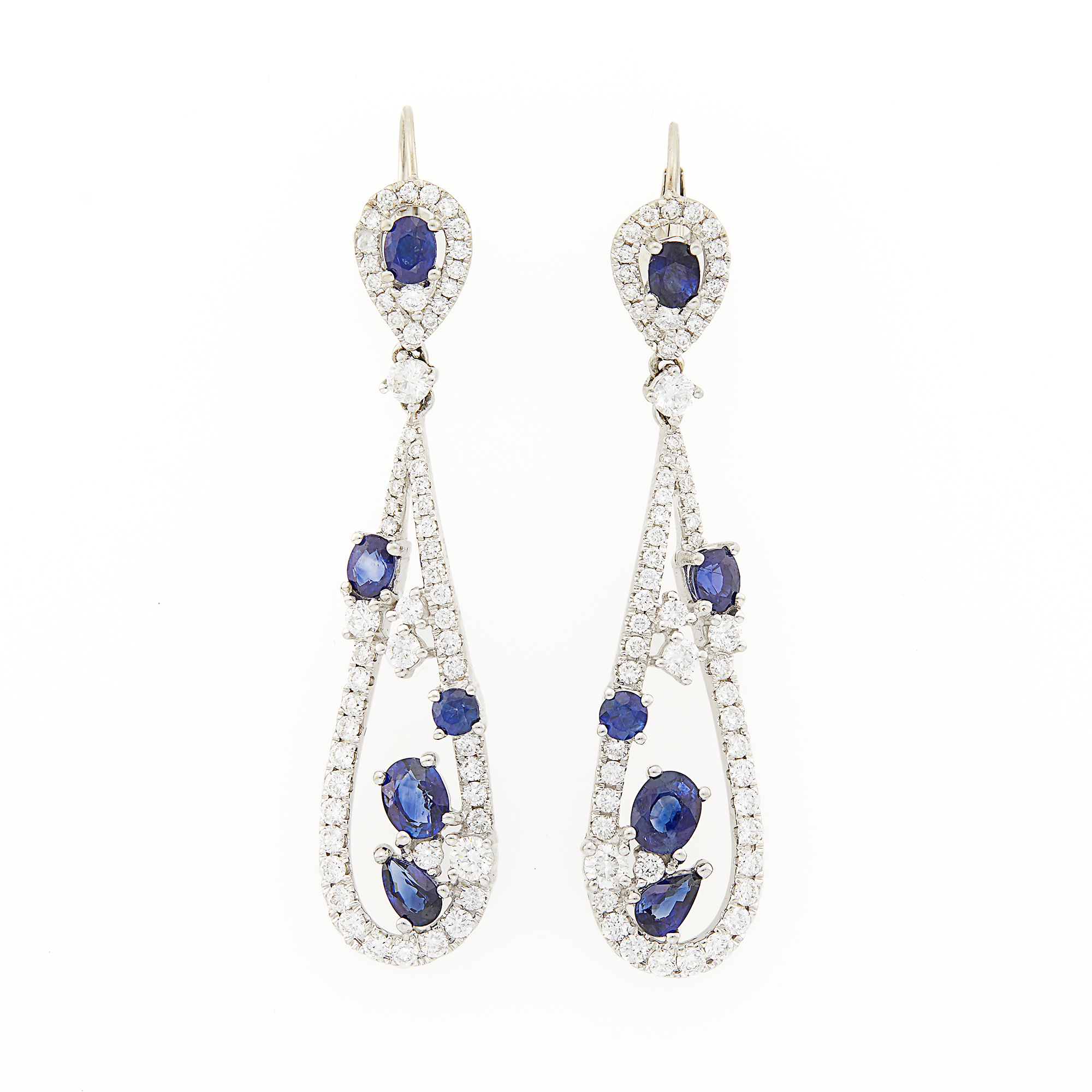 Lot image - Pair of White Gold, Sapphire and Diamond Pendant-Earrings