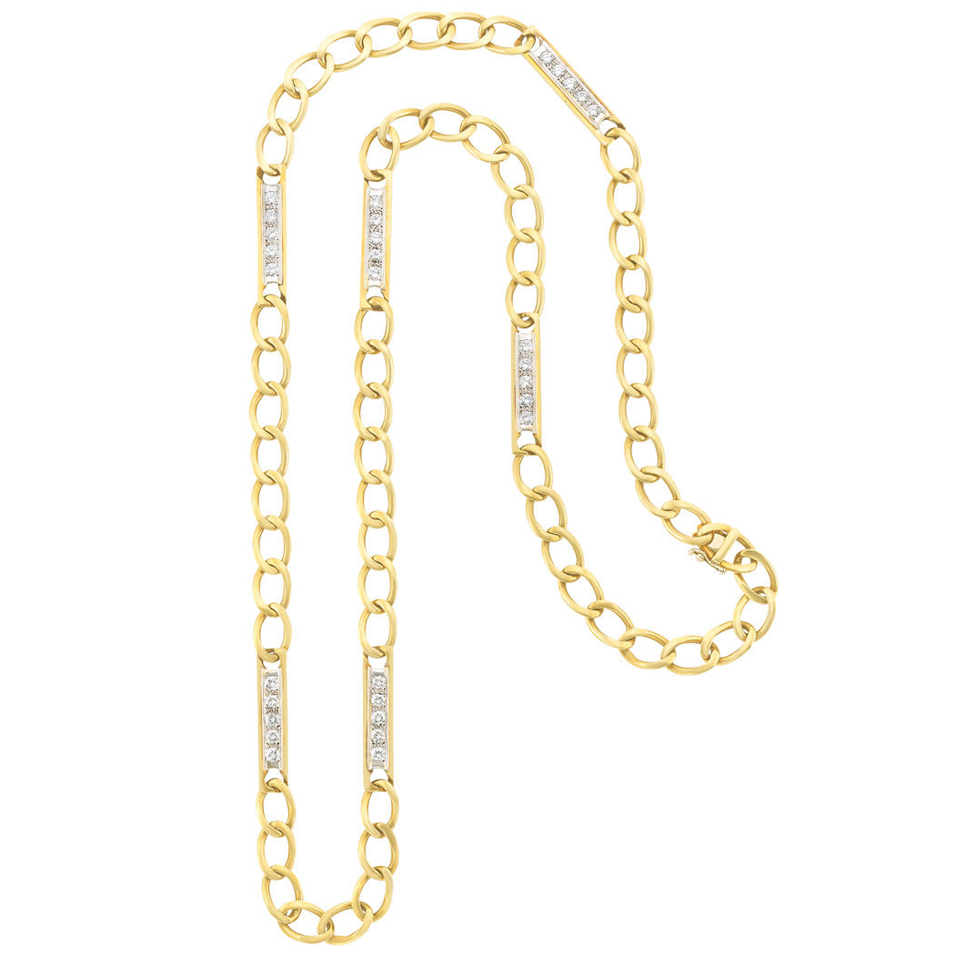 Lot image - Long Two-Color Gold and Diamond Curb Link Chain Necklace