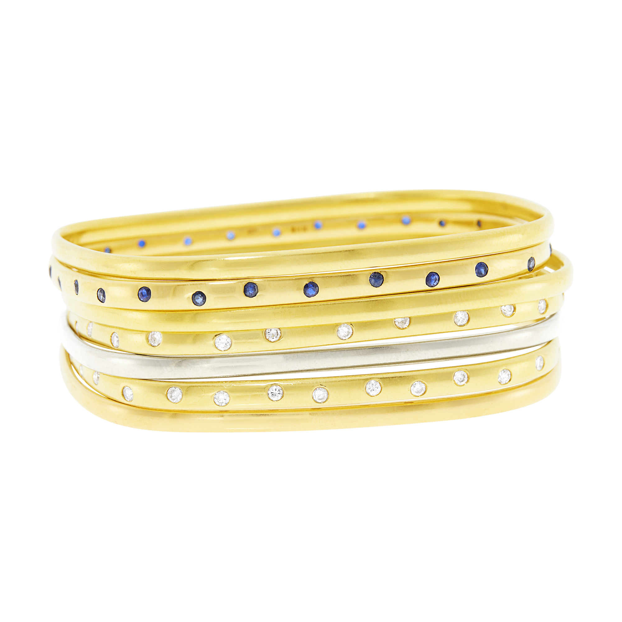 Lot image - Seven Tricolor Gold, Diamond and Sapphire Bangle Bracelets