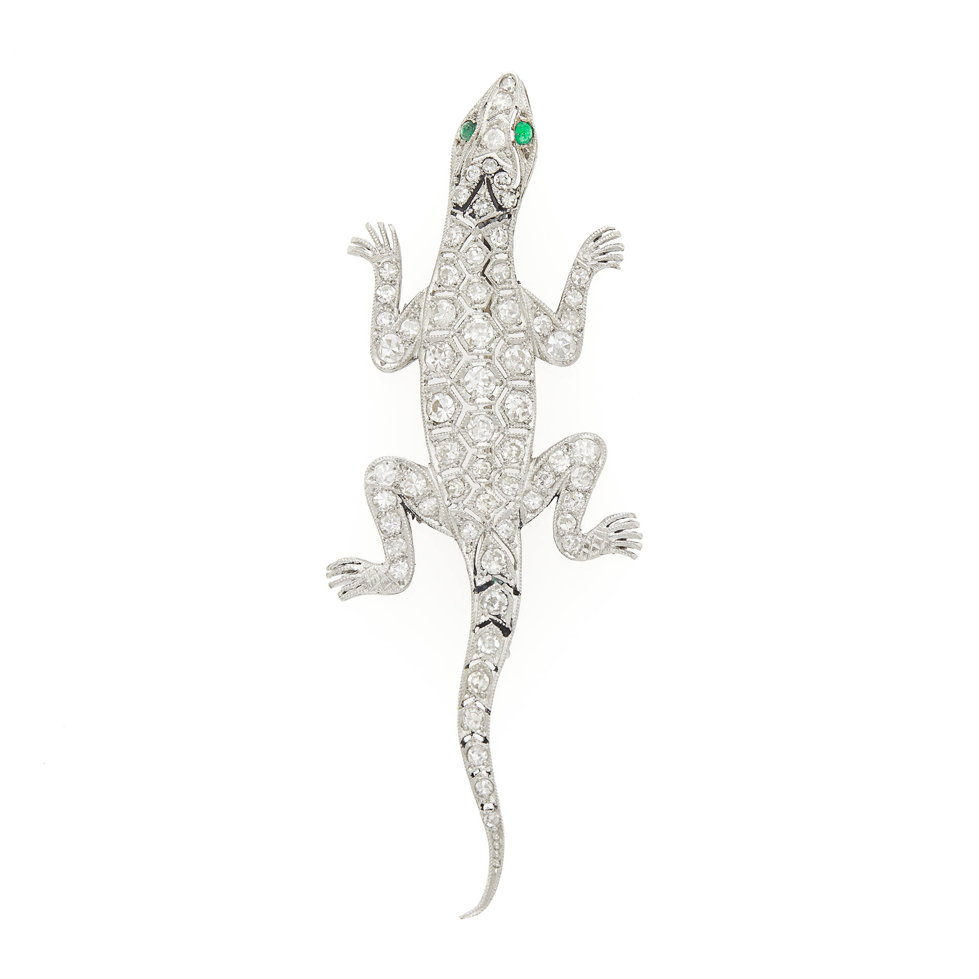 Lot image - Platinum, Diamond and Cabochon Emerald Salamander Brooch