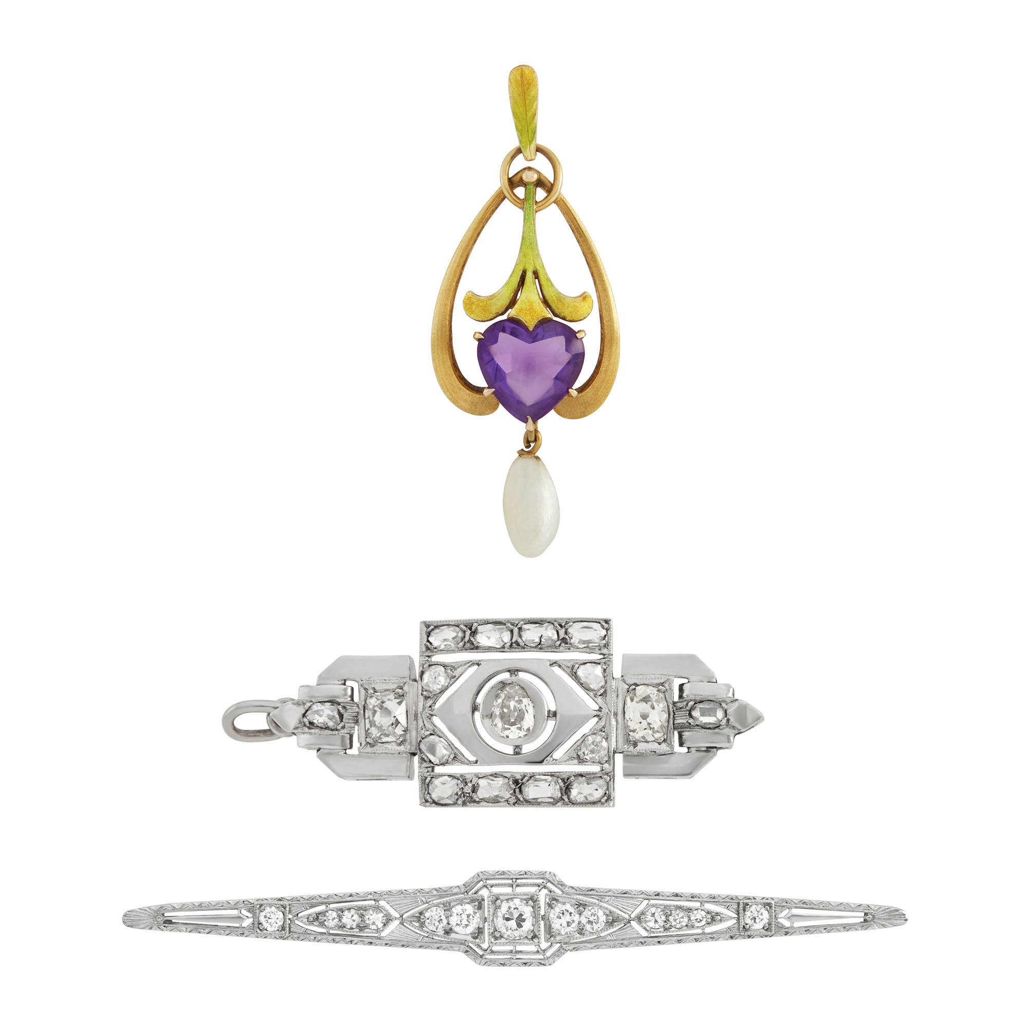 Lot image - Two White Gold, Platinum and Diamond Pins and Art Nouveau Gold, Amethyst, Pearl and Enamel Pendant