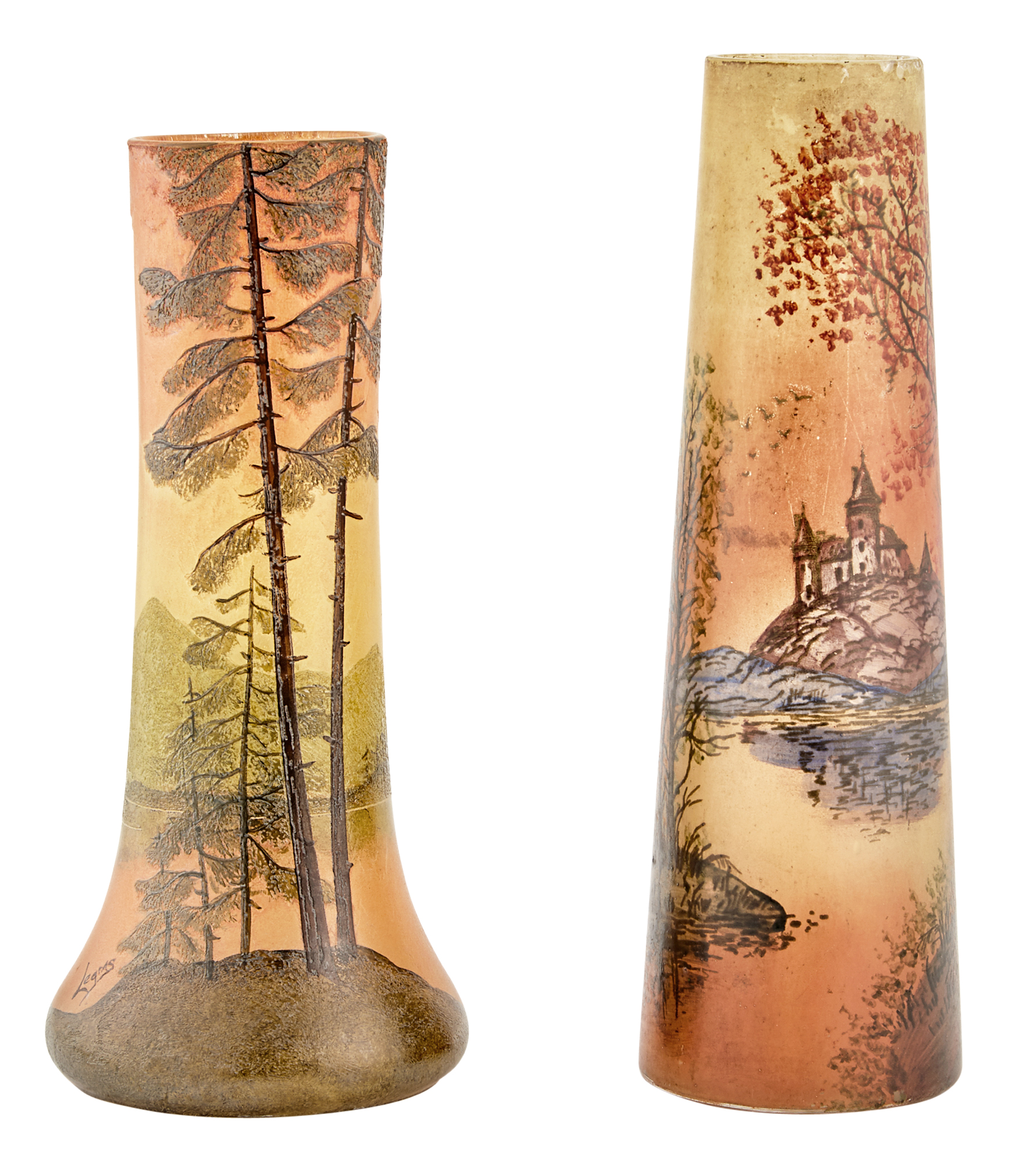 Lot image - Legras et Cie. Acid-Etched and Enameled Glass Landscape Scene Vase