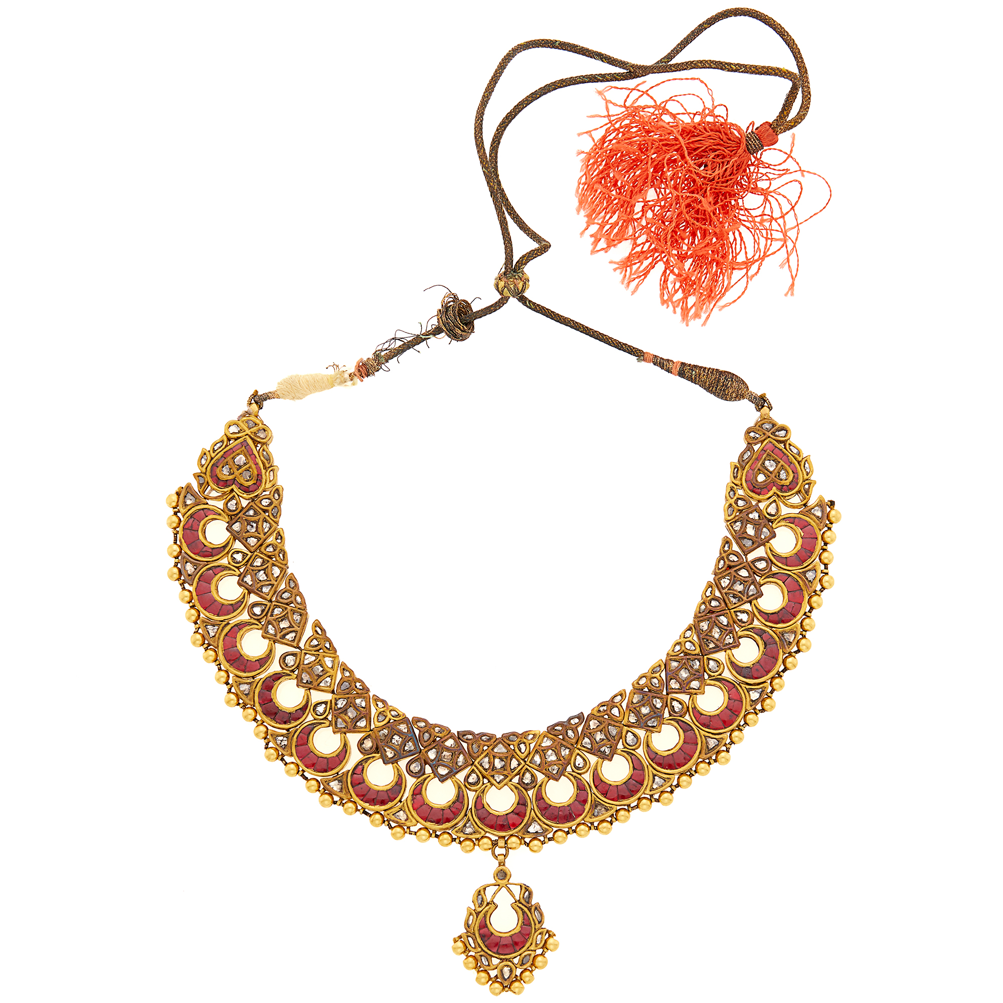 Lot image - Indian Gold, Red Paste and Foil-Backed Diamond Pendant-Necklace with Cord