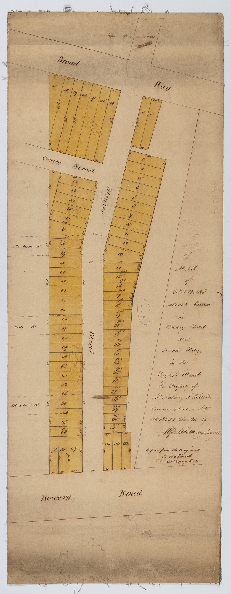 Lot image - [MAPS - NOHO]  Two early nineteenth century manuscript survey maps of Bleeker Street and Bond Street between Broadway and Bowery.