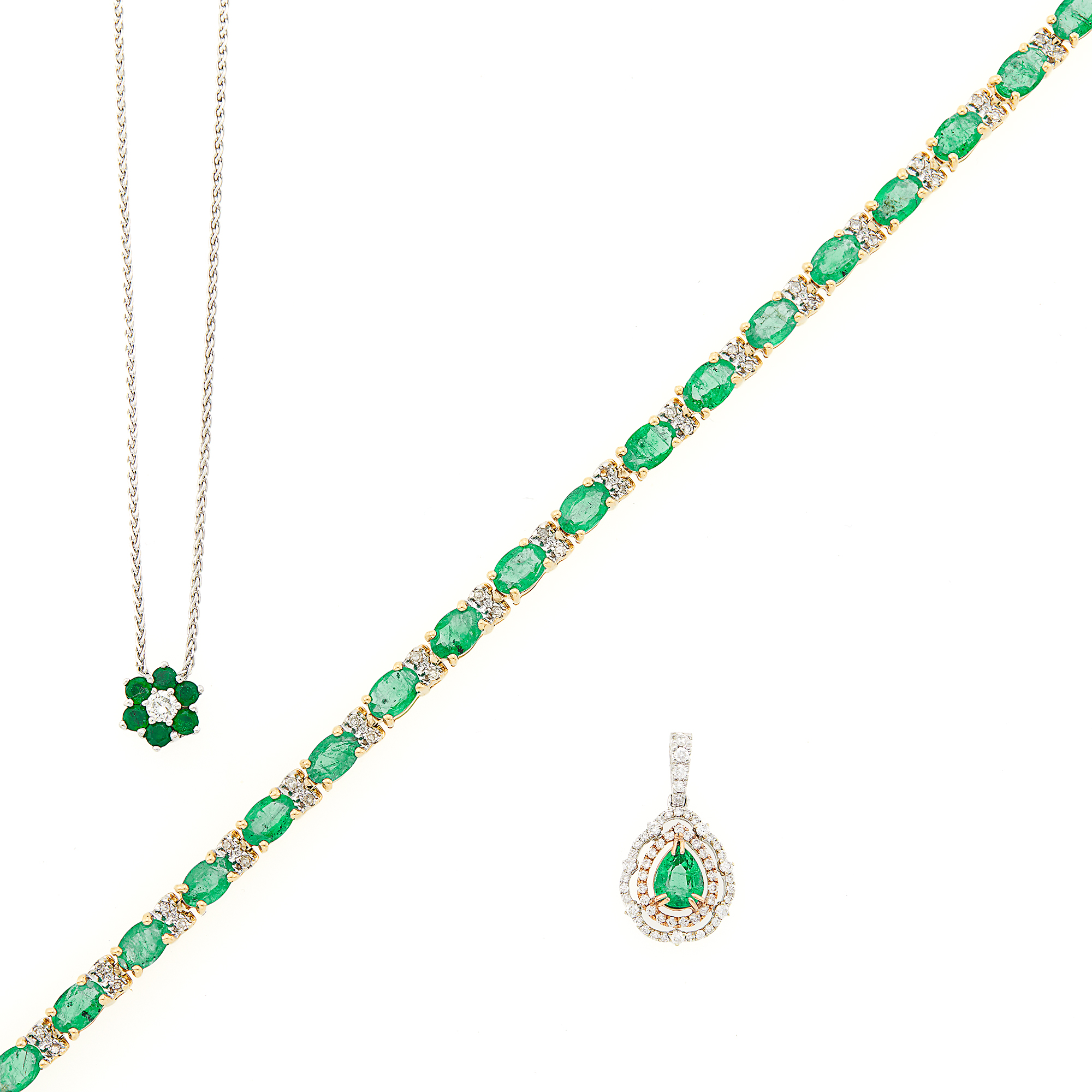 Lot image - Two-Color Gold, Emerald and Diamond Pendant with Chain Necklace, Pendant and Bracelet