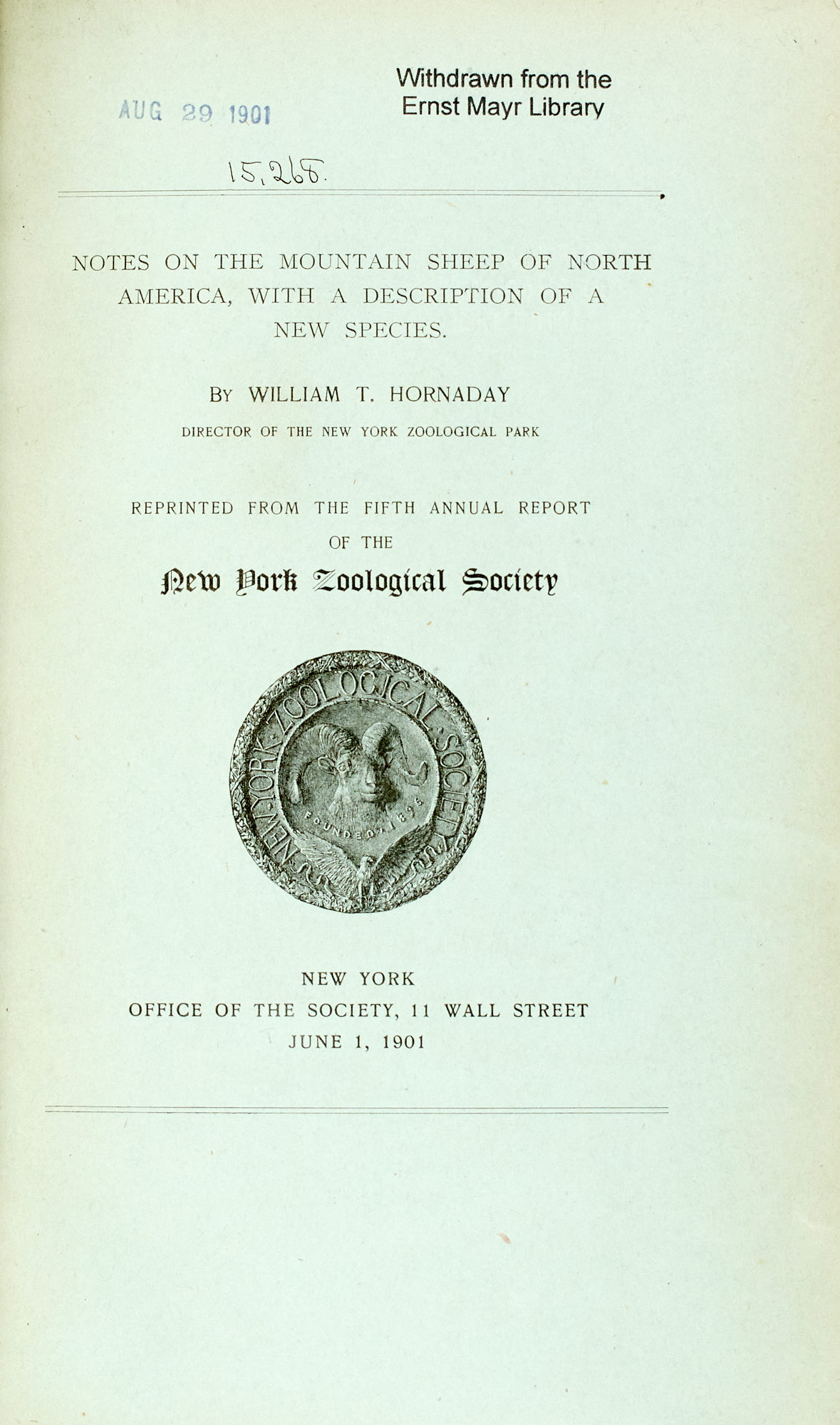 Lot image - [SHEEP HUNTING]  HORNADAY, WILLIAM T. Notes on the mountain sheep of North America, with a description of a new species.