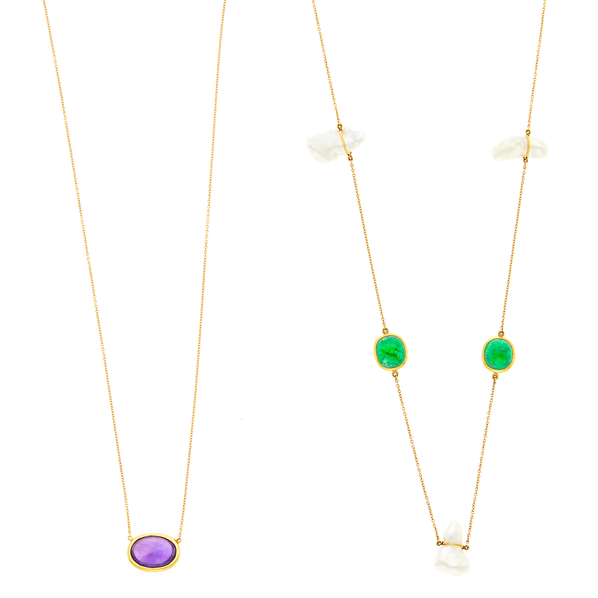 Lot image - Tiffany & Co., Elsa Peretti Two Gold, Baroque Cultured Pearl, Cabochon Emerald and Amethyst Chain Necklaces