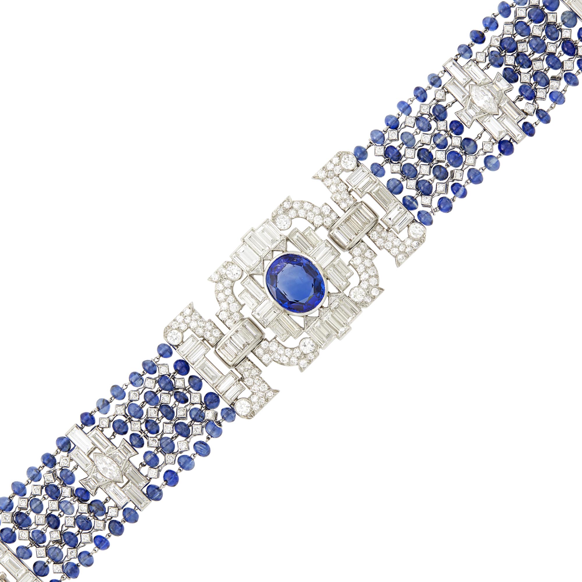 Lot image - Five Strand Platinum, Sapphire, Sapphire Bead and Diamond Bracelet