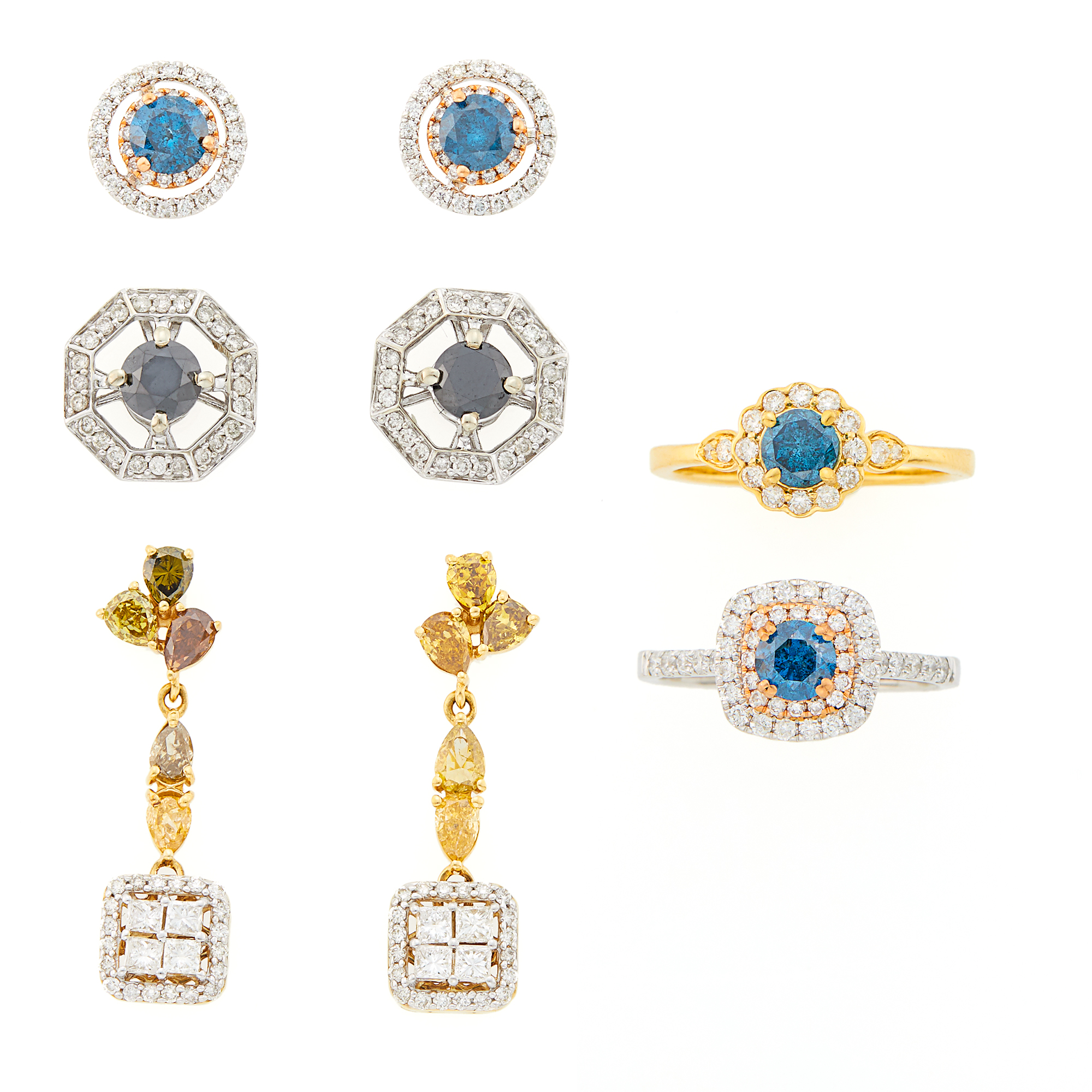 Lot image - Two Two-Color Gold, Treated Diamond and Diamond Rings and Three Pairs of Earrings