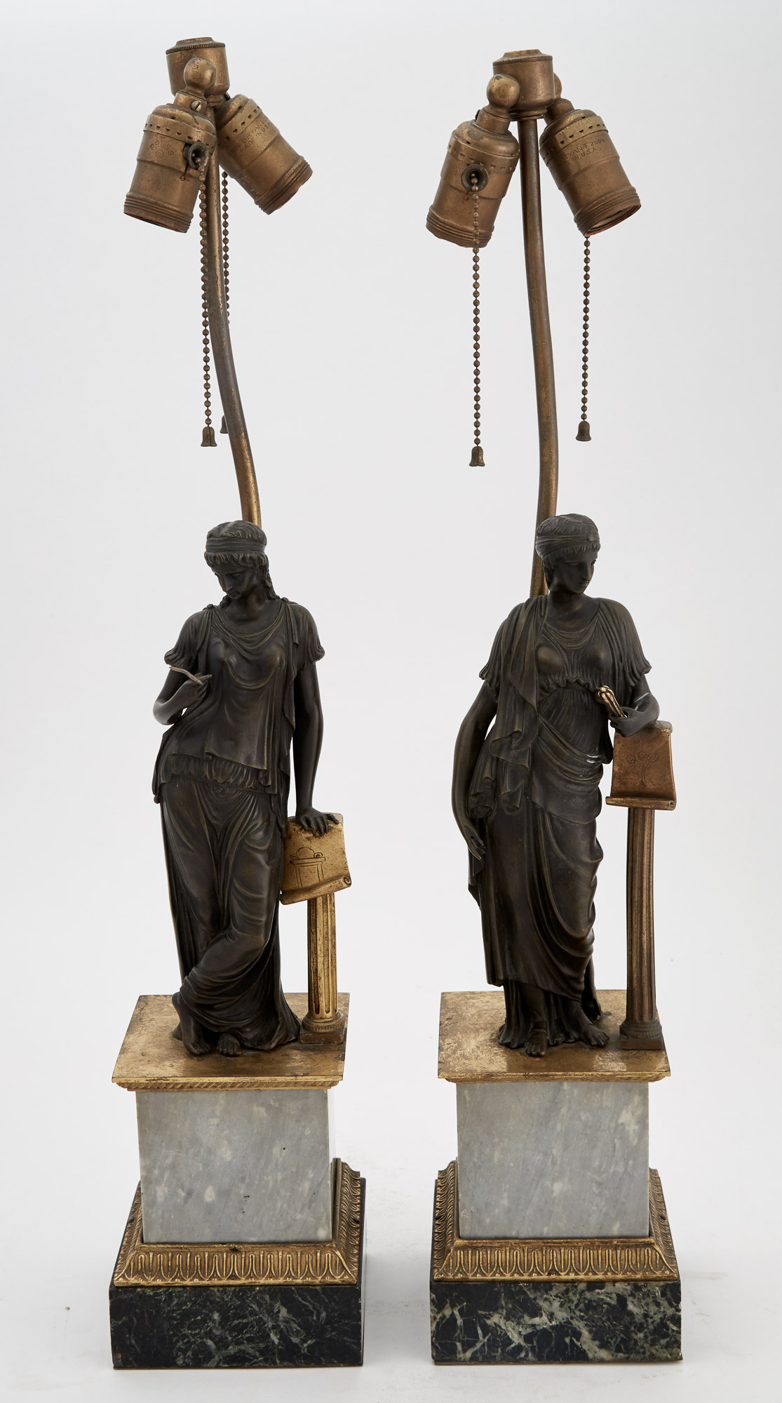 Lot image - Pair of Neoclassical Style Gilt and Patinated Bronze and Two-Tone Marble Figural Lamps