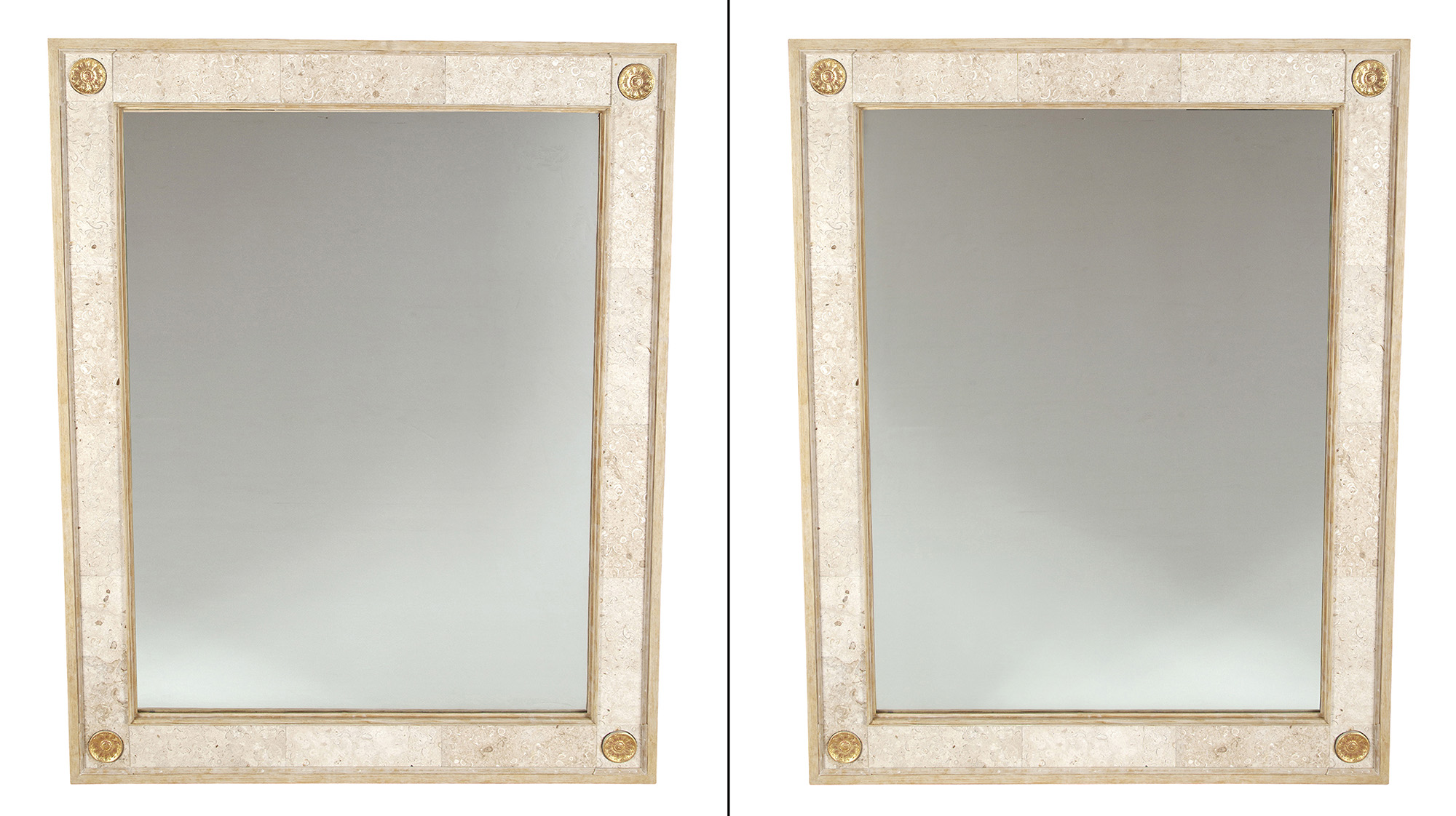 Lot image - Pair of Neoclassical Style Fossiliferous Limestone, Painted Wood and Parcel-Gilt Mirrors