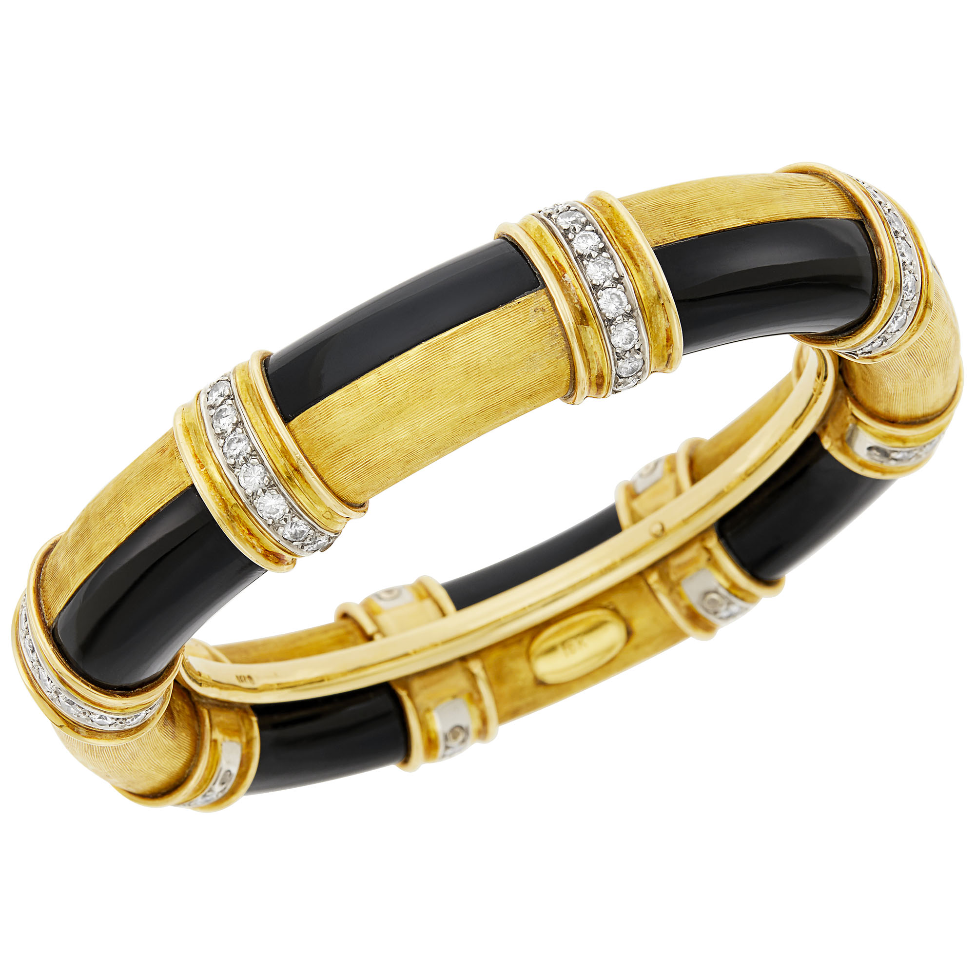 Lot image - Two-Color Gold, Black Onyx and Diamond Bangle Bracelet