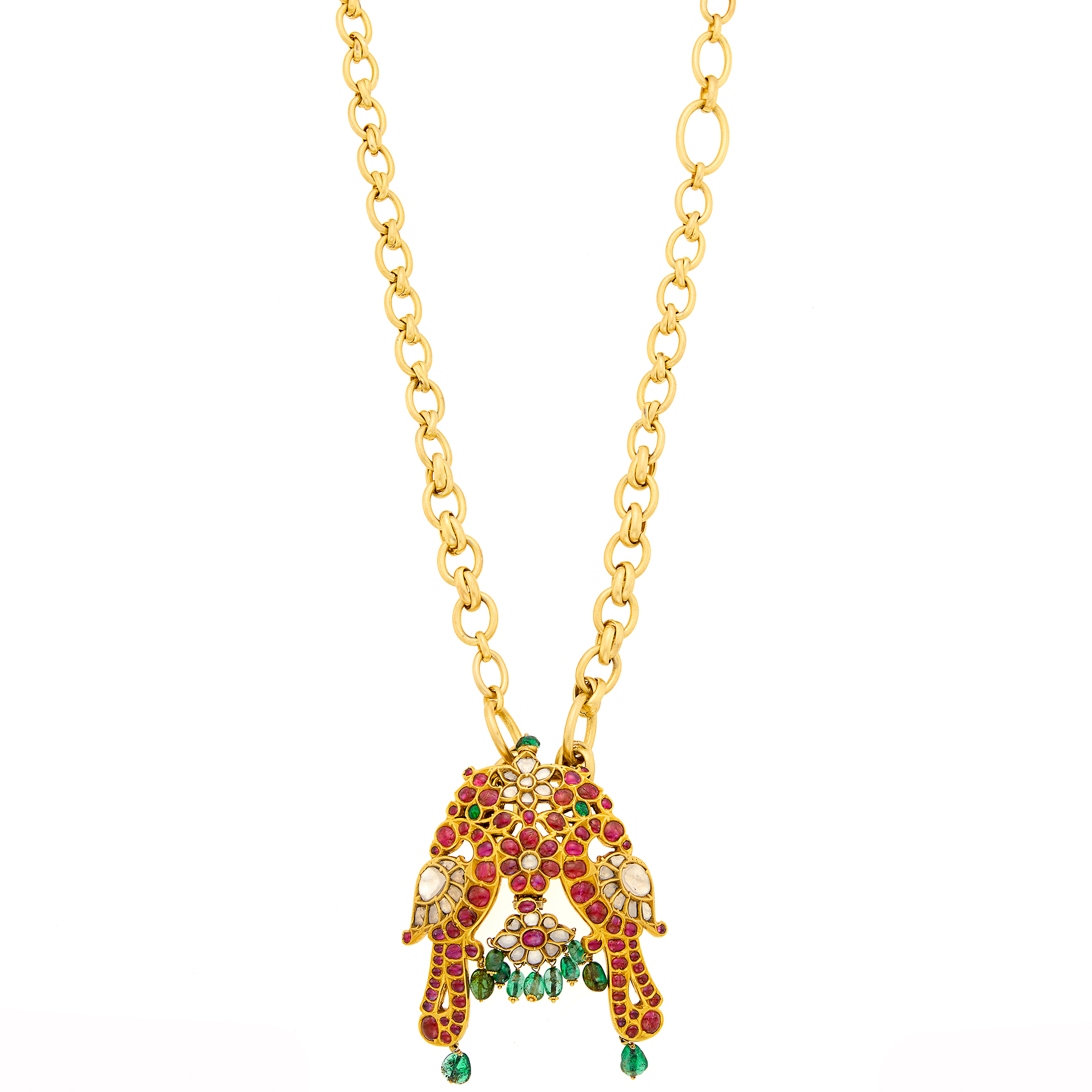 Lot image - Indian Gold, Emerald Bead, Foil-Backed Gem-Set and Diamond Bird Pendant with Gilt-Metal Chain