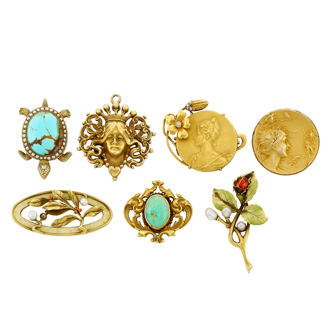 Lot image - Seven  Antique and Art Nouveau Gold, Turquoise, Enamel, Pearl and Diamond Pins