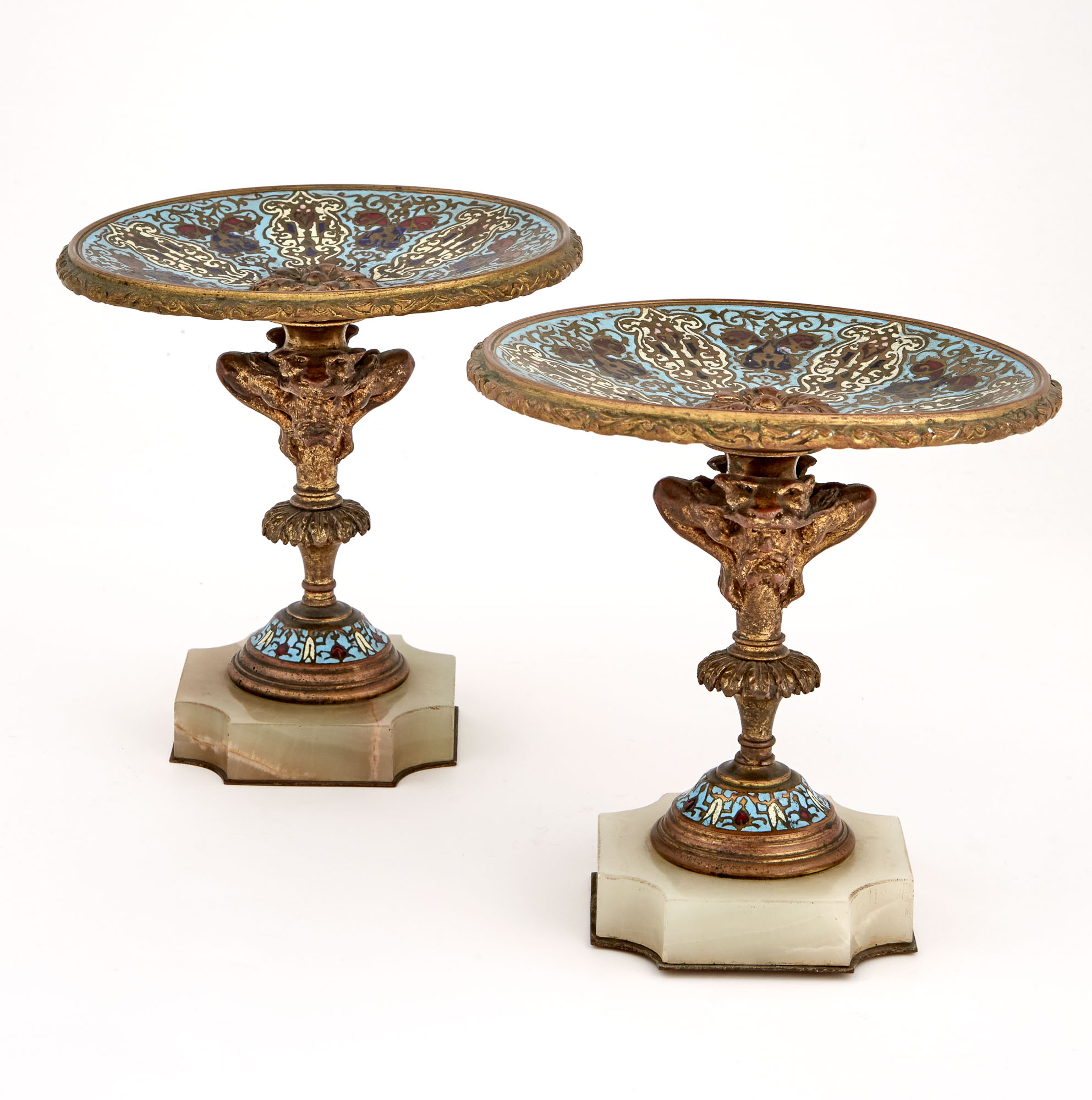 Lot image - Pair of French Gilt-Bronze, Champlevé Enamel and Onyx Garniture Compotes