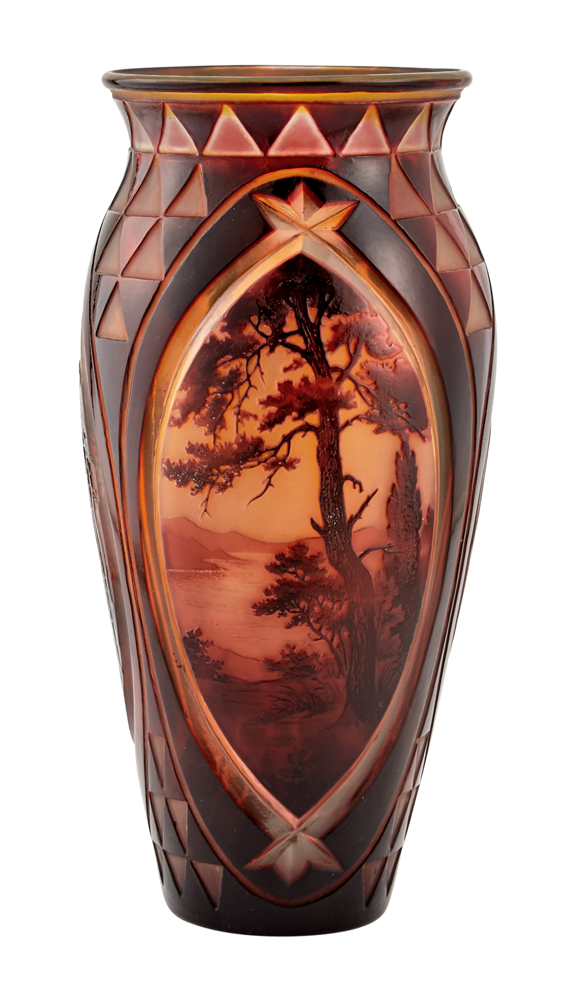 Lot image - DArgental Red and Amber Cameo Glass Landscape Scene Vase