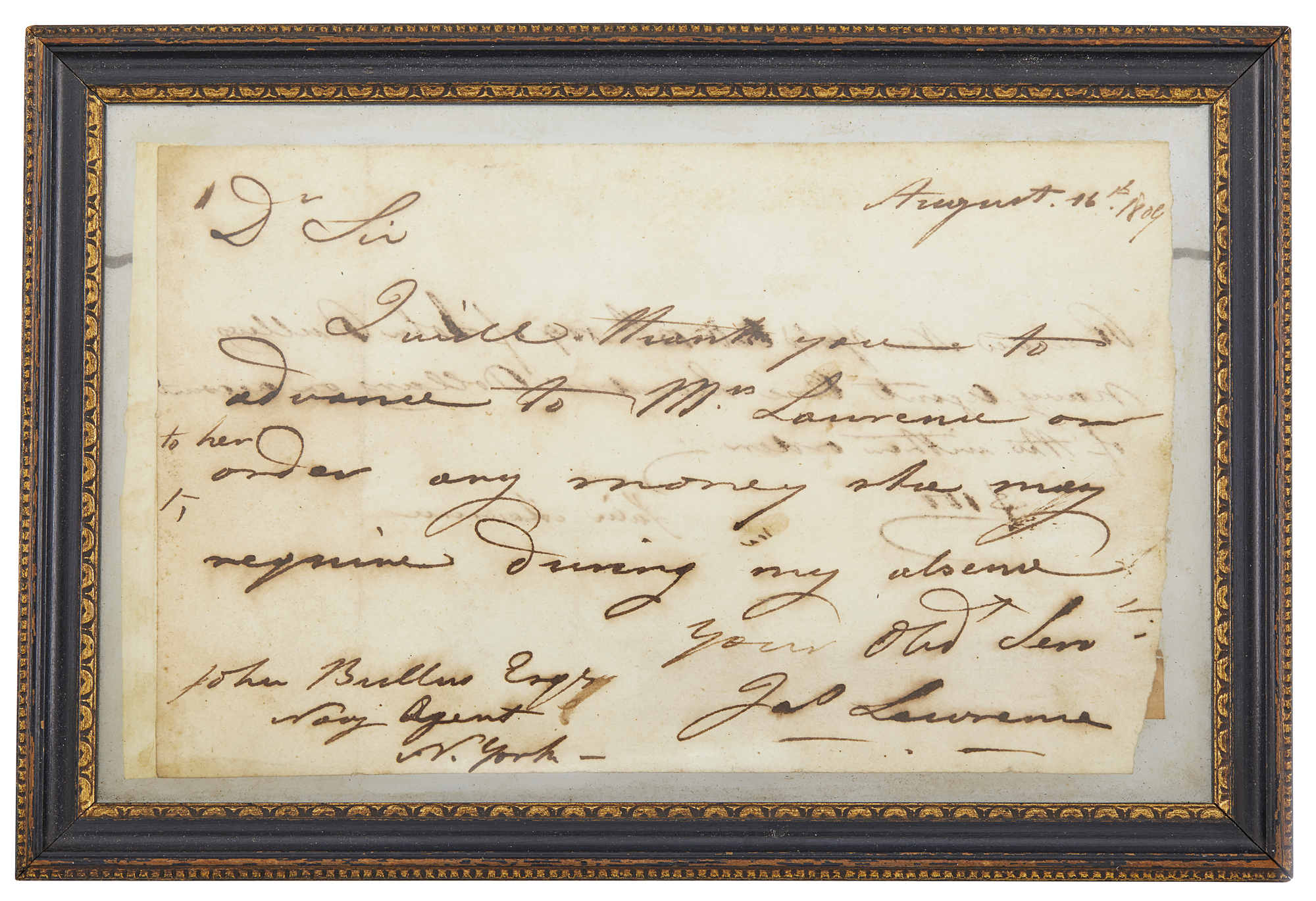 Lot image - [WAR of 1812]  LAWRENCE, JAMES. Autograph note signed, 1809.