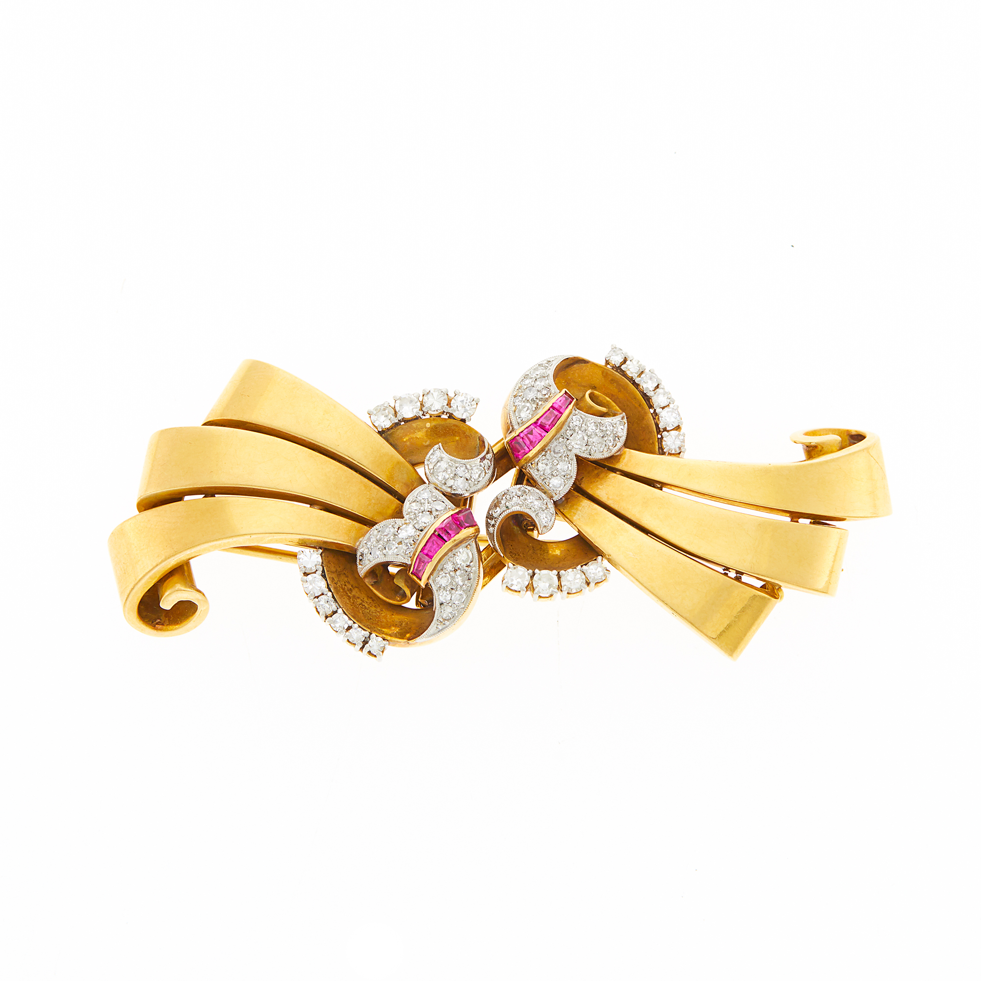 Lot image - Gold, Platinum, Synthetic Ruby and Diamond Double Clip-Brooch
