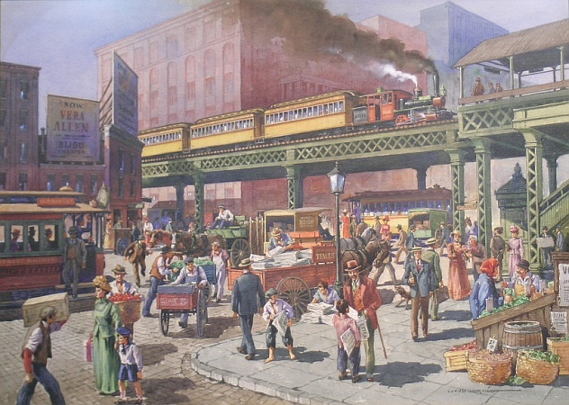 Lot image - Lloyd Harting American, 1901-1974 BUSTLING NEW YORK CITY STREET CORNER BELOW THE THIRD AVENUE EL TRAIN NEAR THE BOWERY