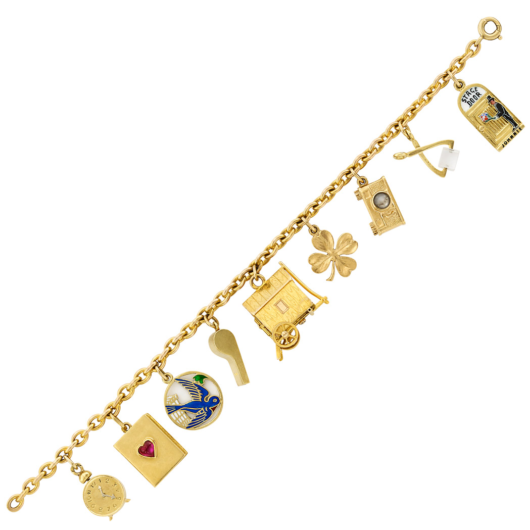 Lot image - Gold, Enamel and Gem-Set Charm Bracelet