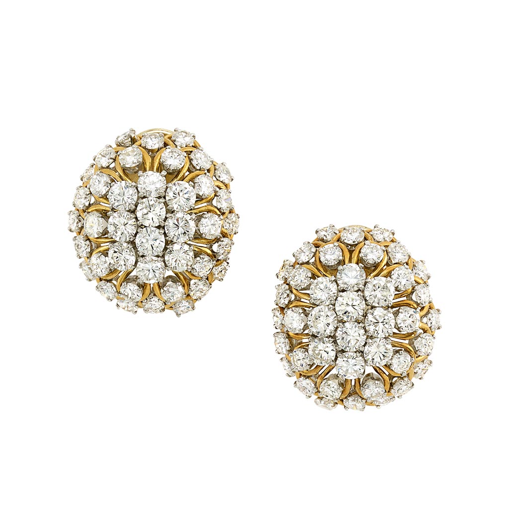 Lot image - Pair of Gold and Diamond Bombe Earclips, David Webb