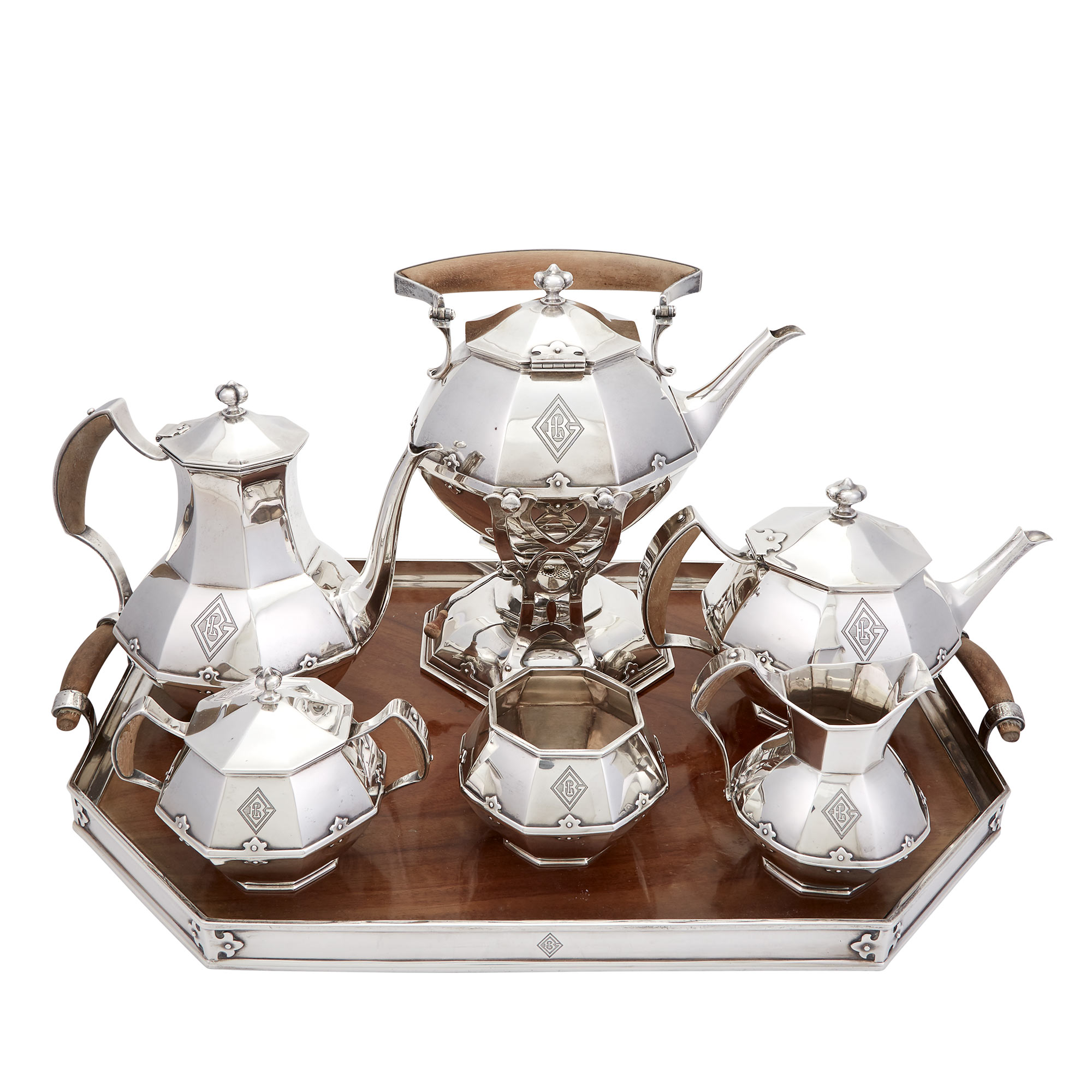Lot image - Towle Art Deco Sterling Silver Six-Piece Tea and Coffee Service and Tray