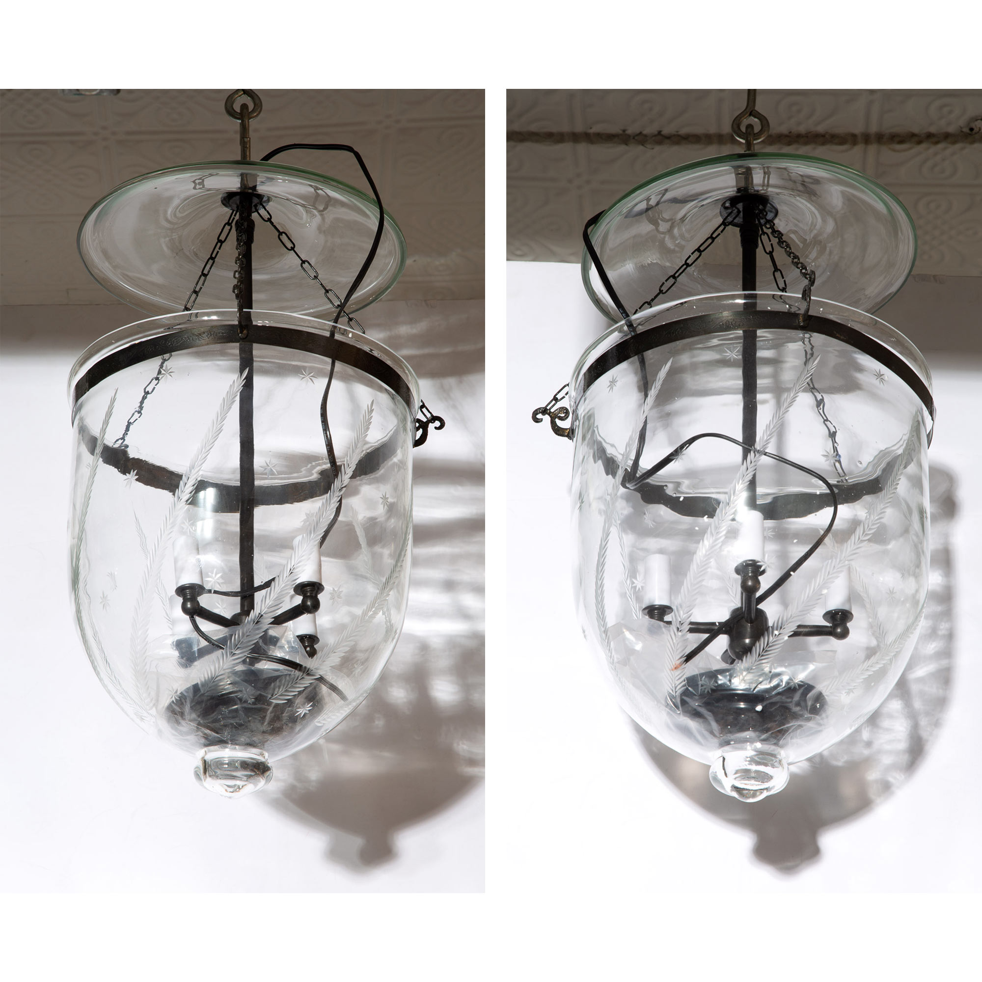 Lot image - Pair of Georgian Style Patinated-Metal and Etched Glass Hall Lanterns