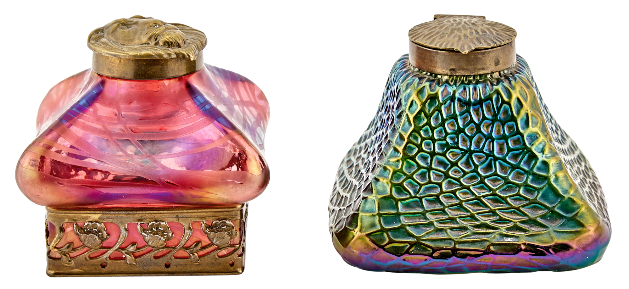 Lot image - Two Bohemian Brass Mounted Mold-Blown Iridescent Glass Inkstands