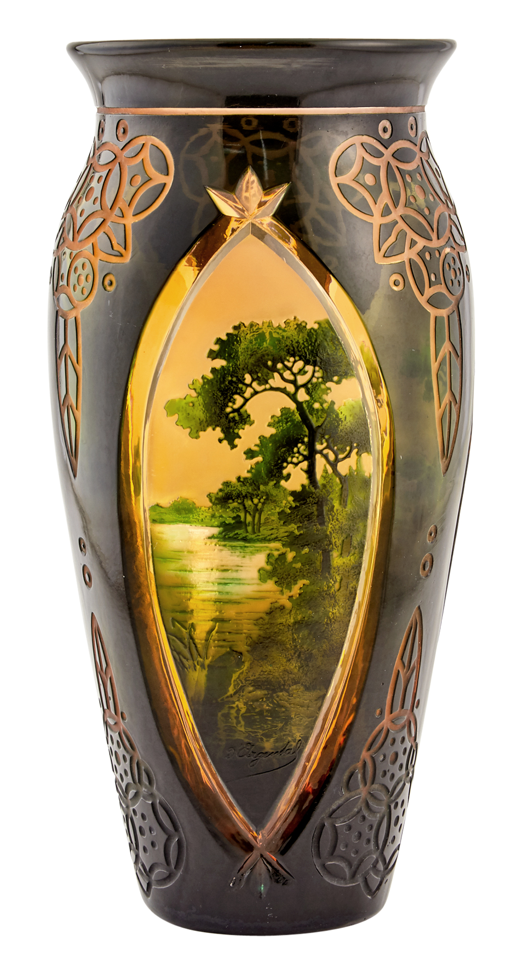 Lot image - DArgental Green and Amber Cameo Glass Landscape Scene Vase