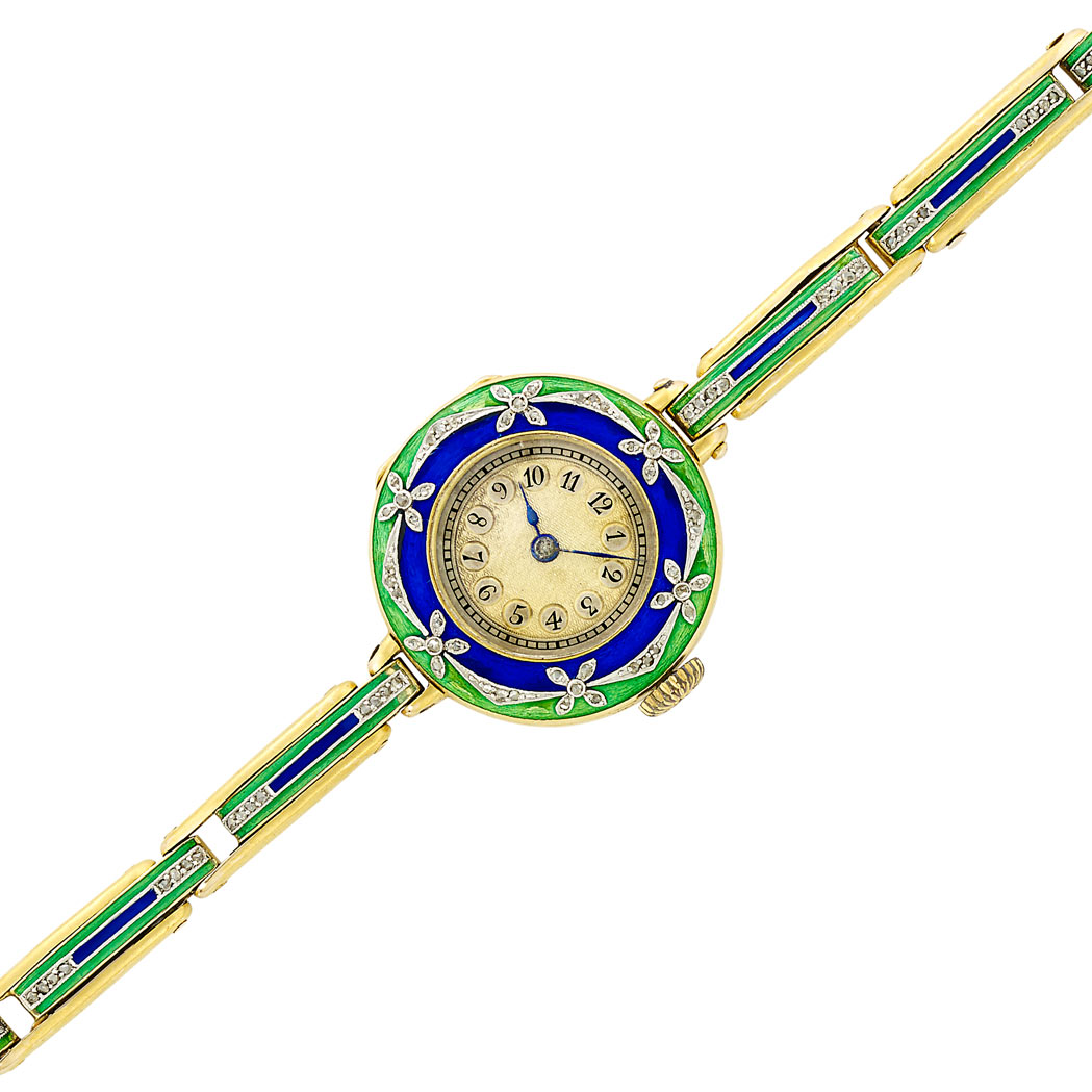 Lot image - Antique Gold, Platinum, Blue and Green Enamel and Diamond Wristwatch