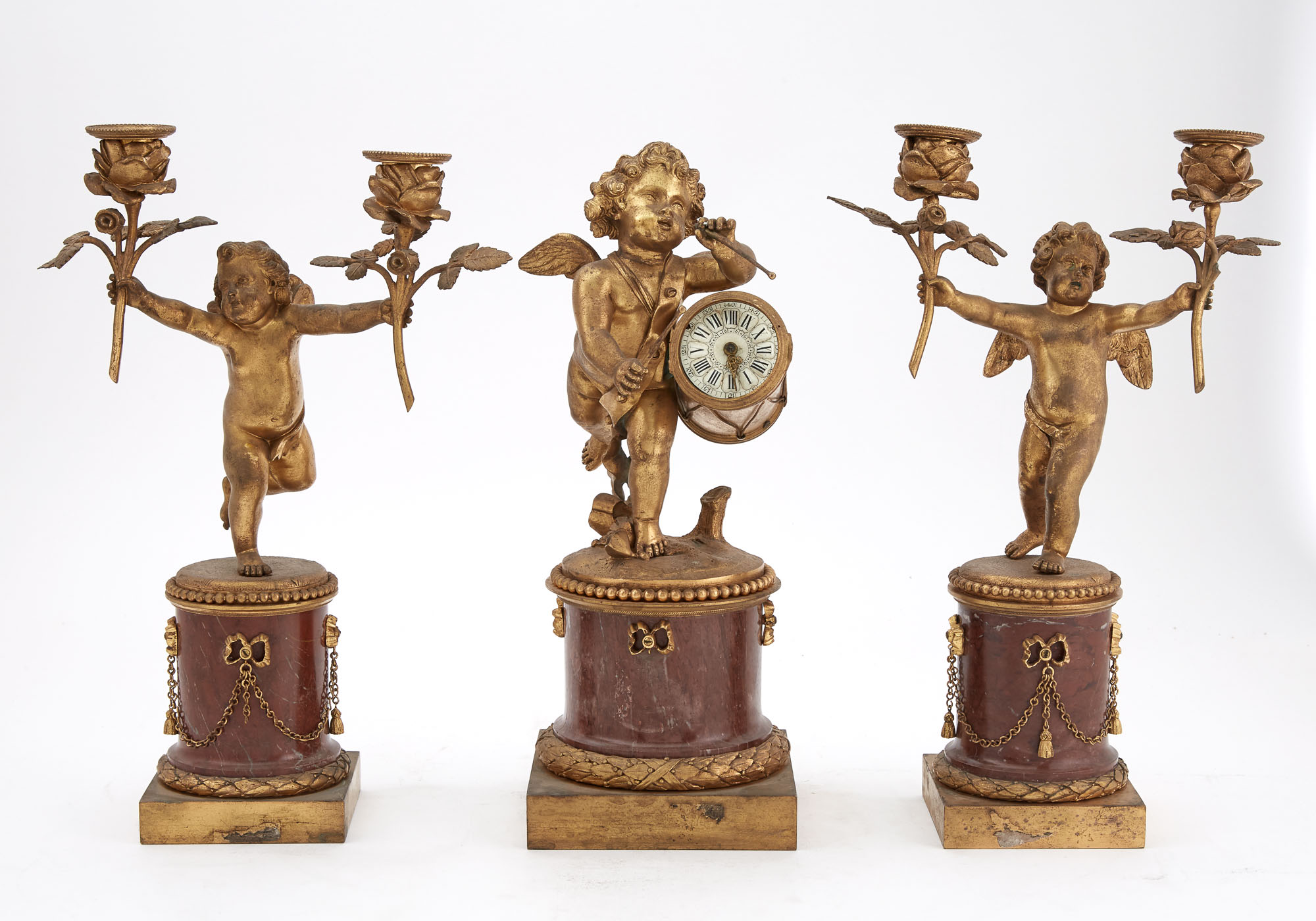 Lot image - Louis XVI Style Gilt-Bronze and Red Marble Figural Clock Garniture