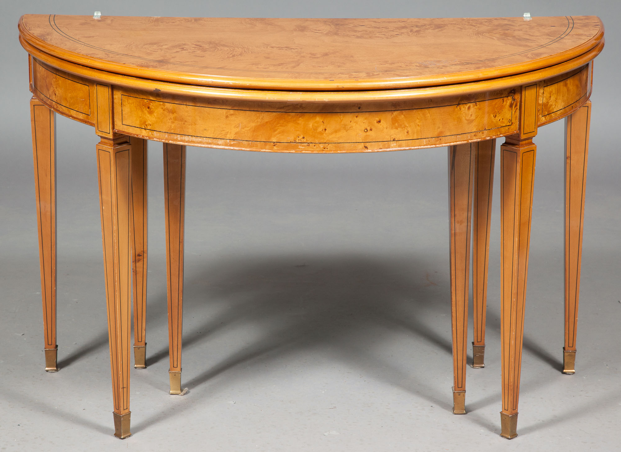Lot image - George III Style Inlaid Burr Maple and Fruitwood Extension Dining Table