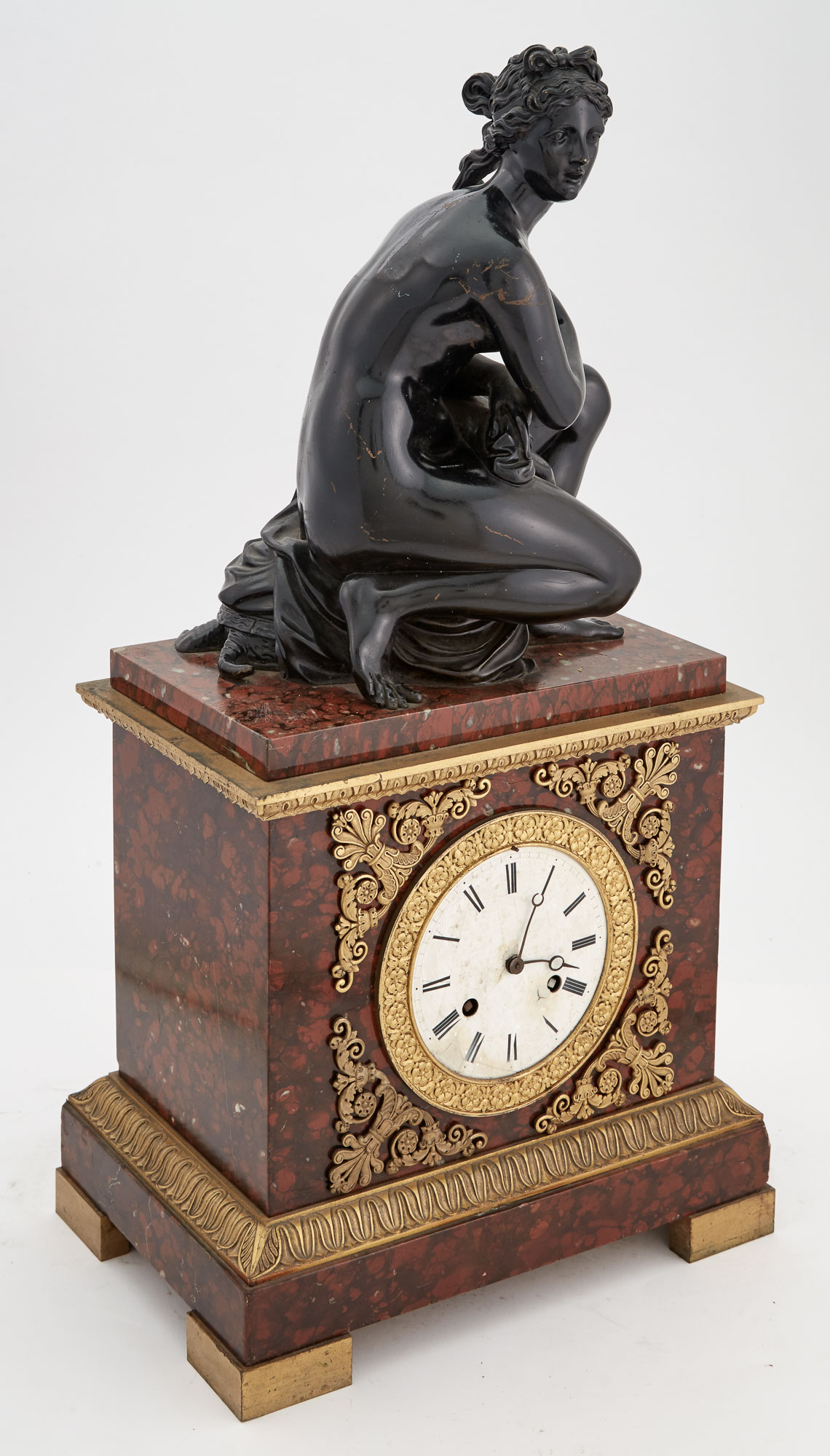 Lot image - Louis XVI Style Gilt and Patinated Bronze and Red Marble Figural Mantel Clock