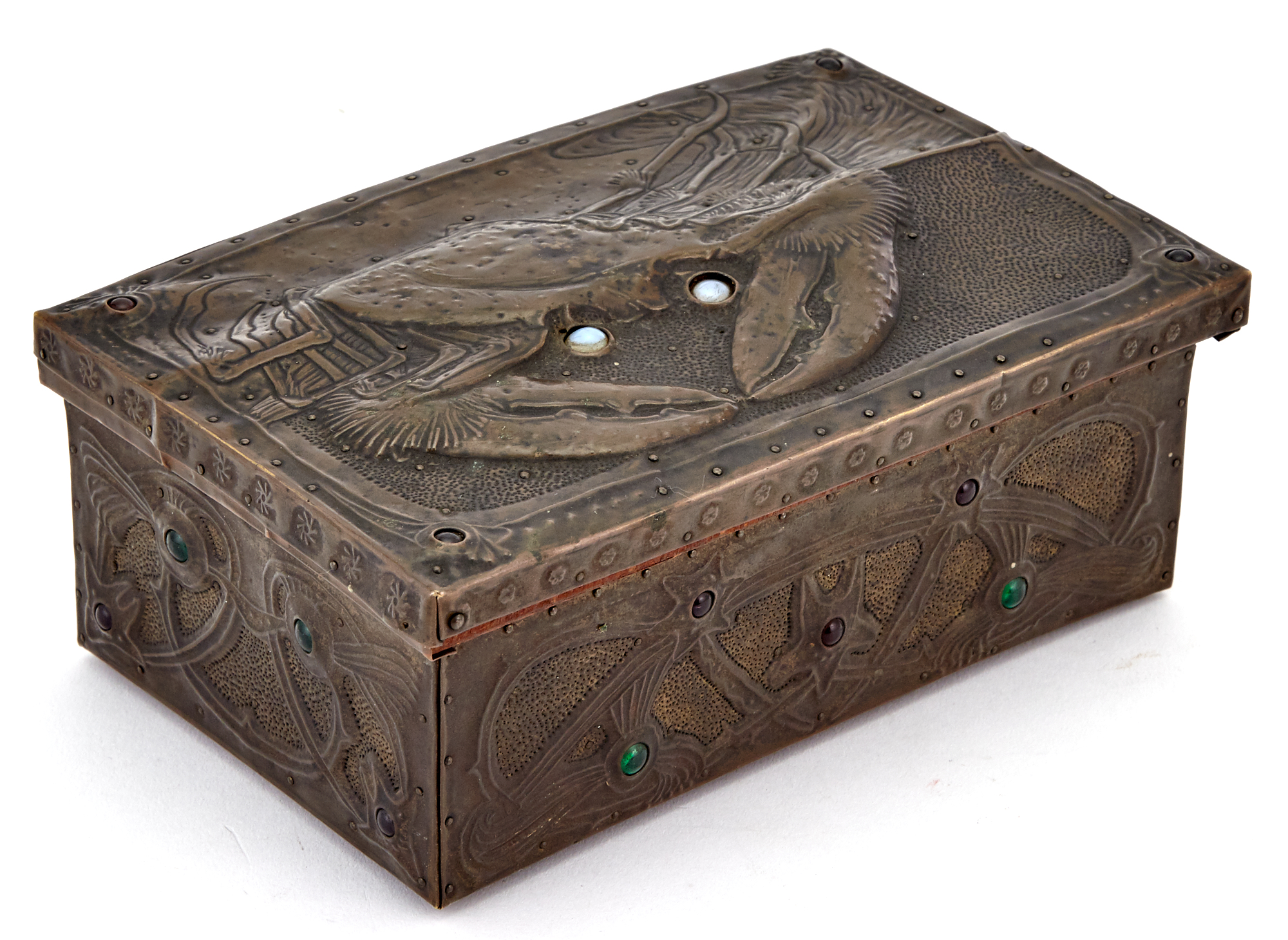 Lot image - Alfred Daguet Art Nouveau Crab Decorated Repoussé Brass Clad Wood and Glass Jeweled Box